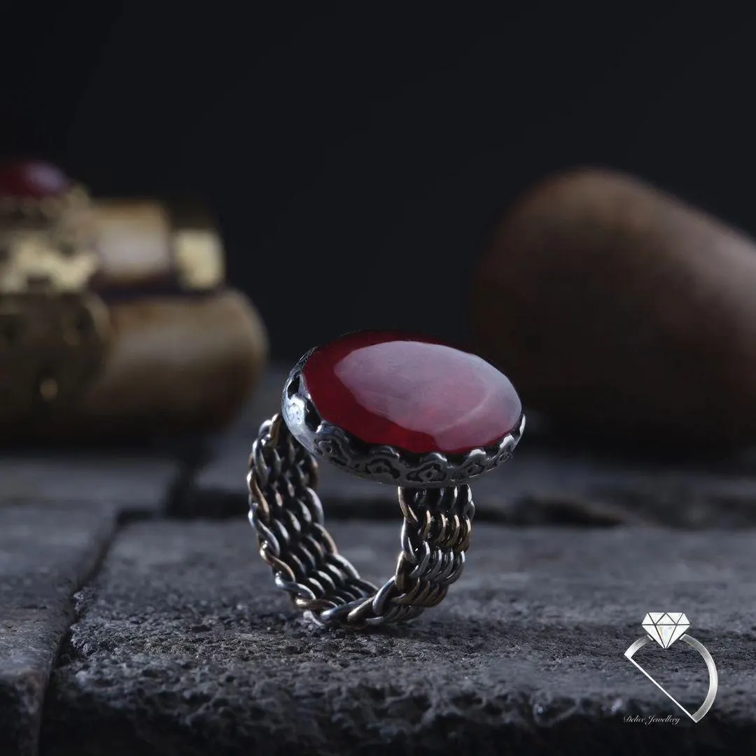 Red Amber Stone Ring – Sterling Silver Woven Band Artisan Jewelry - image 5