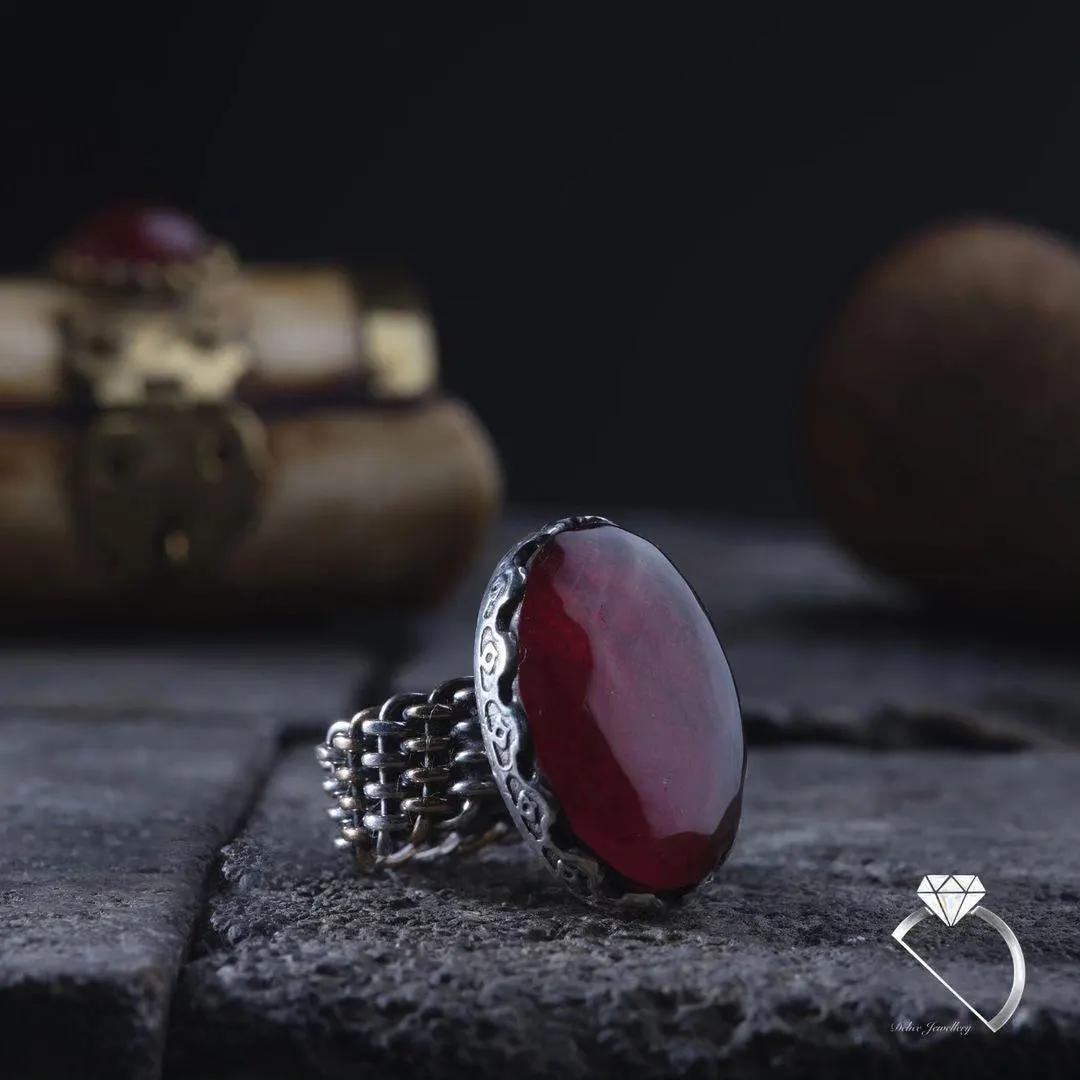 Red Amber Stone Ring – Sterling Silver Woven Band Artisan Jewelry