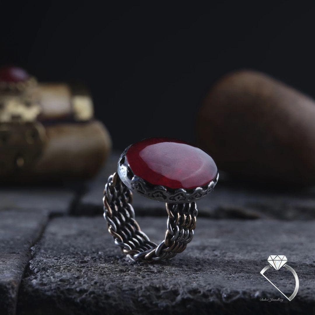 Red Amber Stone Ring – Sterling Silver Woven Band Artisan Jewelry - image 3