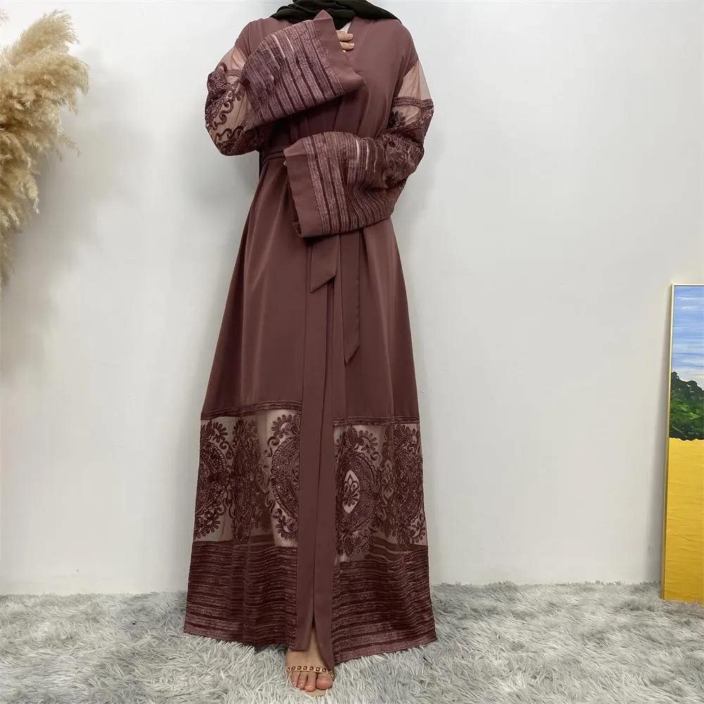 Open Abaya with Embroidered Lace Trim and Pockets - image 4