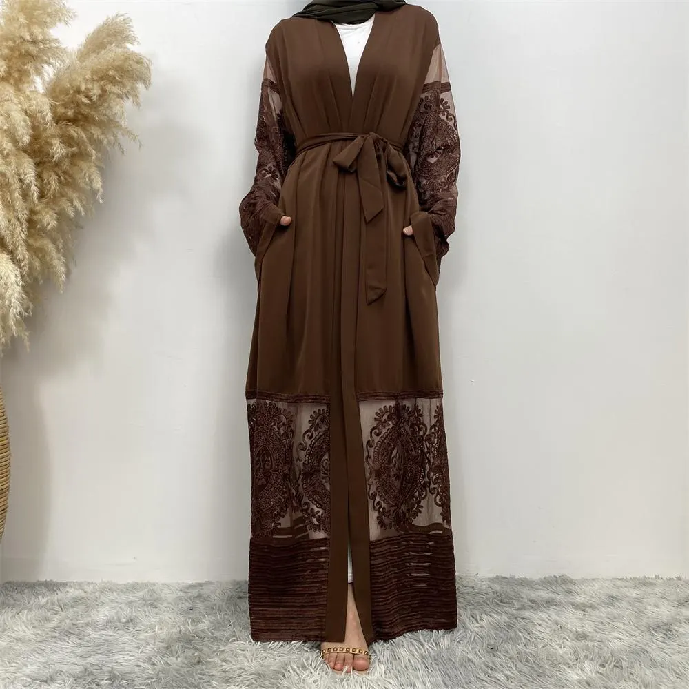 Open Abaya with Embroidered Lace Trim and Pockets - image 2