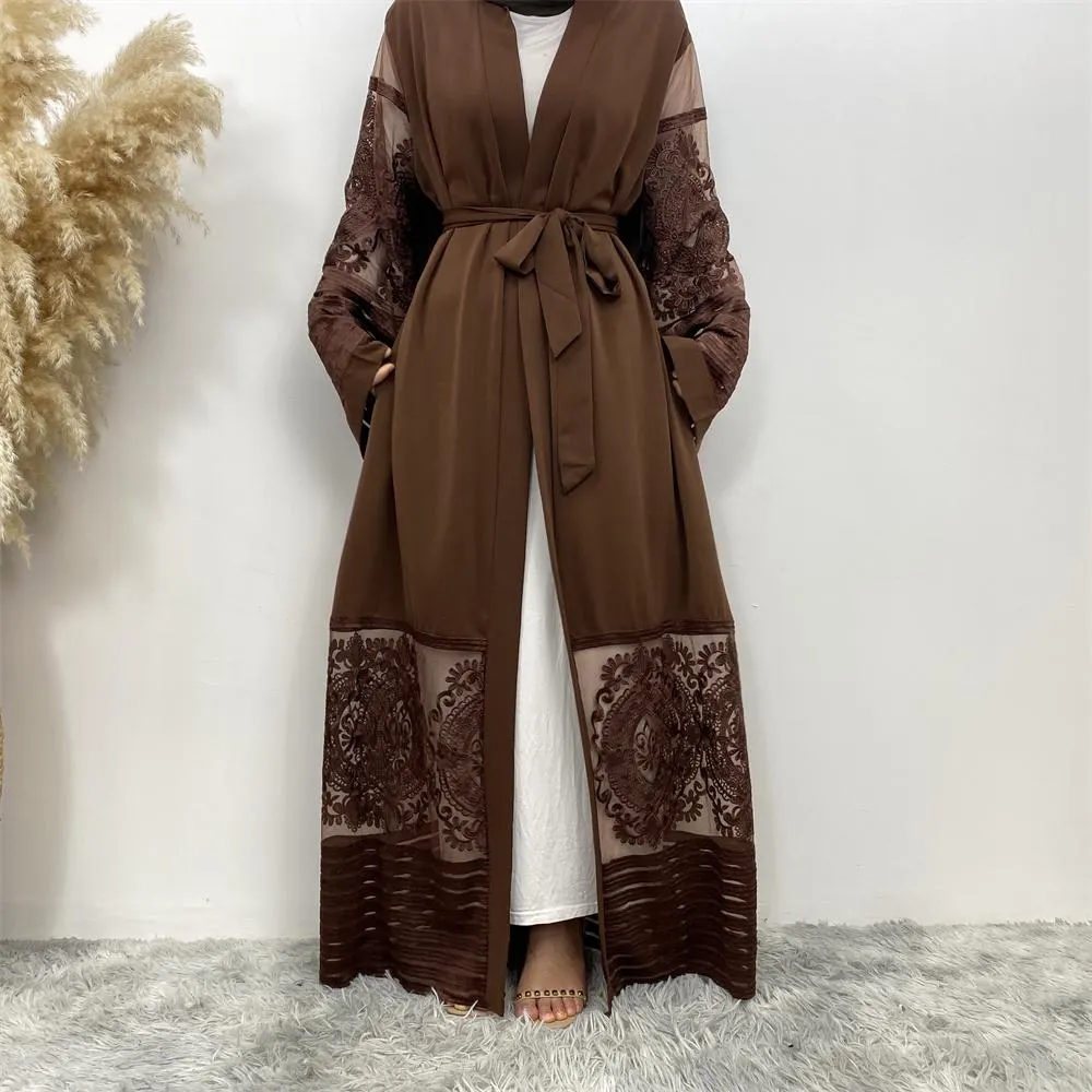 Open Abaya with Embroidered Lace Trim and Pockets - image 5
