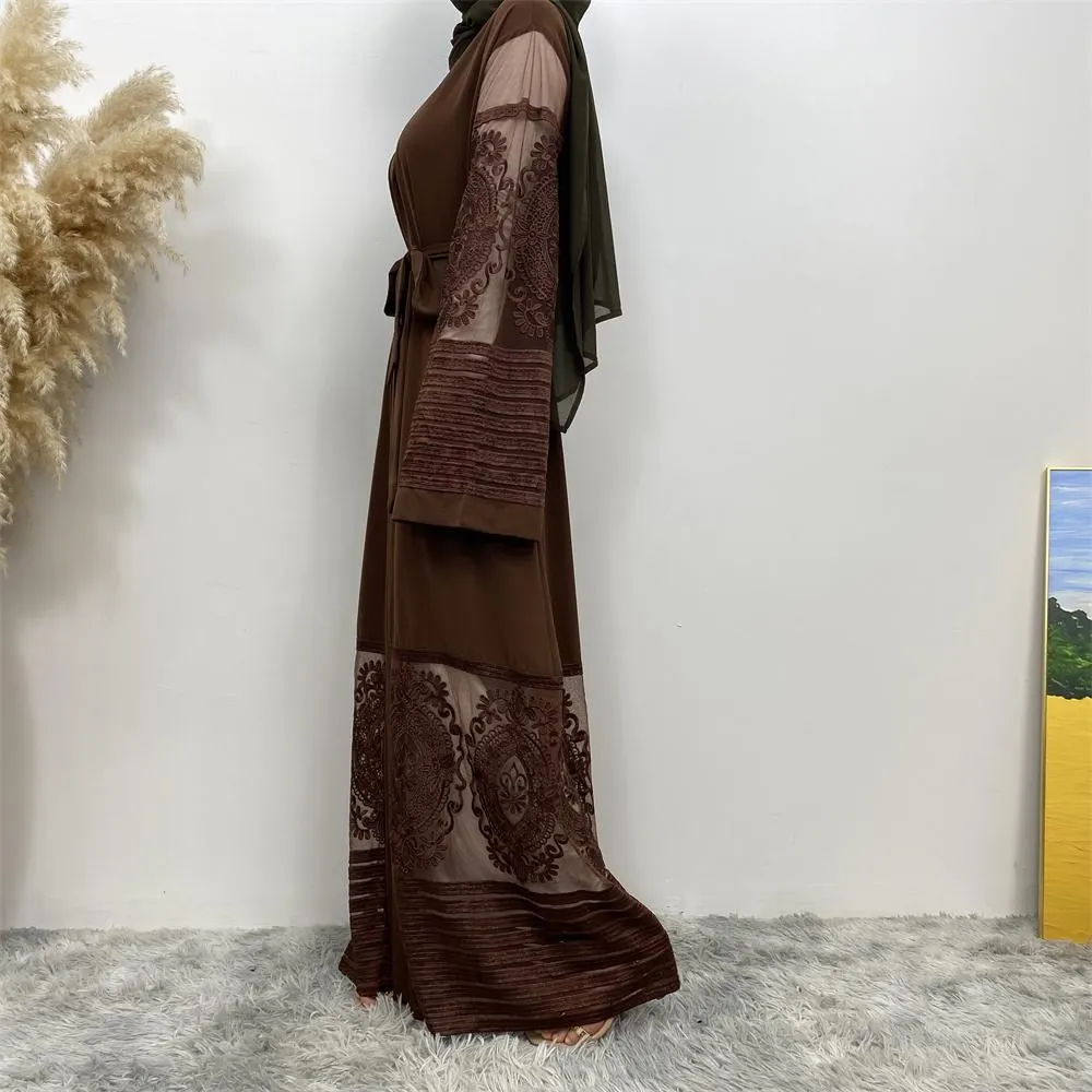 Open Abaya with Embroidered Lace Trim and Pockets - image 3