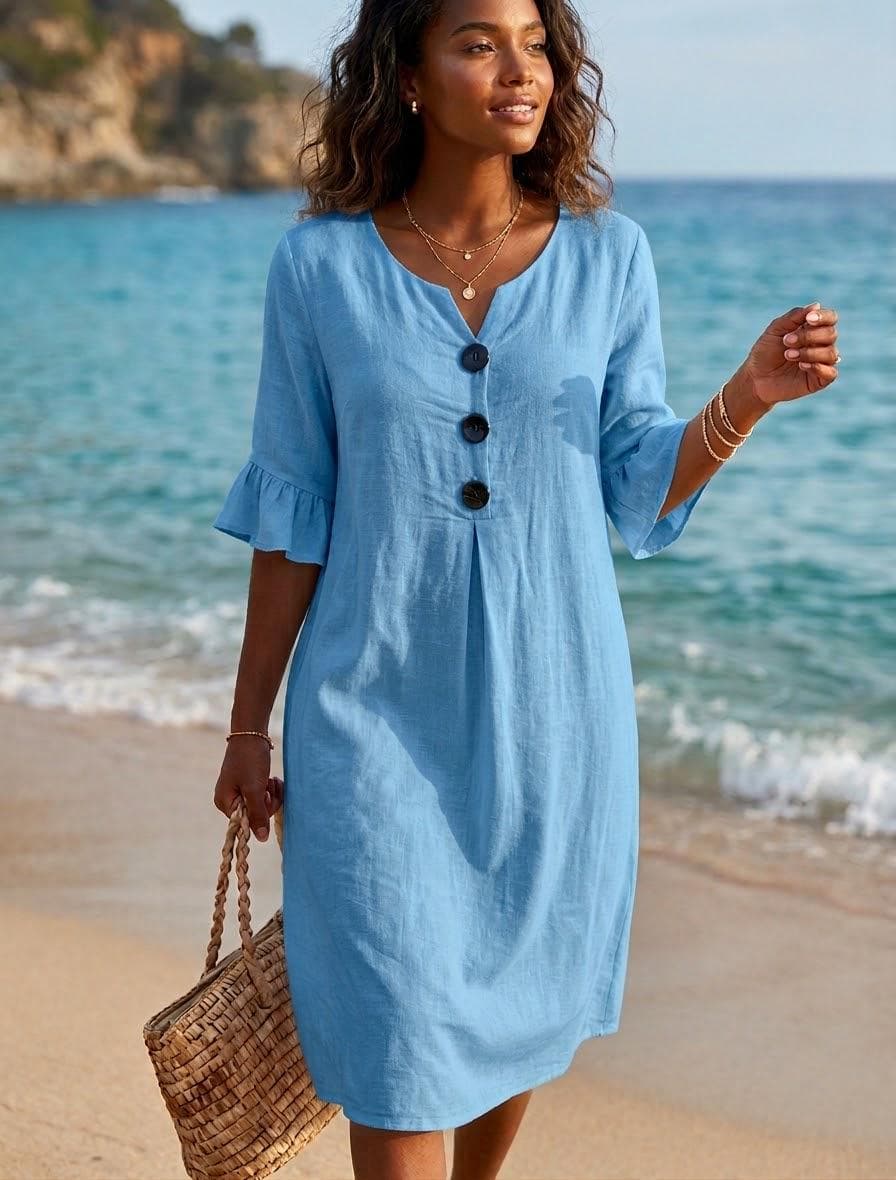 Boho cotton Linen Shift Dress | Ruffled Half Sleeve Midi Dress | Cottagecore Summer Sun Dress | Everyday Casual Button Up Dress | Travel