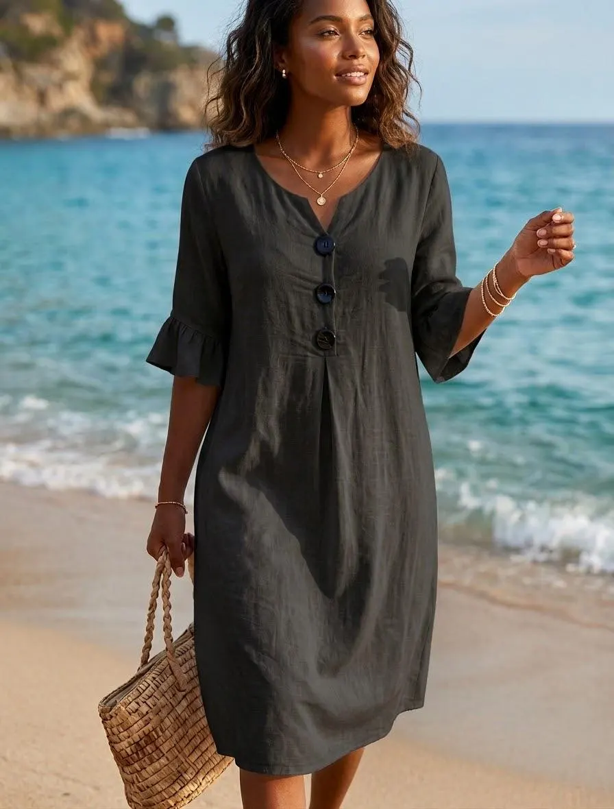 Boho cotton Linen Shift Dress | Ruffled Half Sleeve Midi Dress | Cottagecore Summer Sun Dress | Everyday Casual Button Up Dress | Travel - image 3