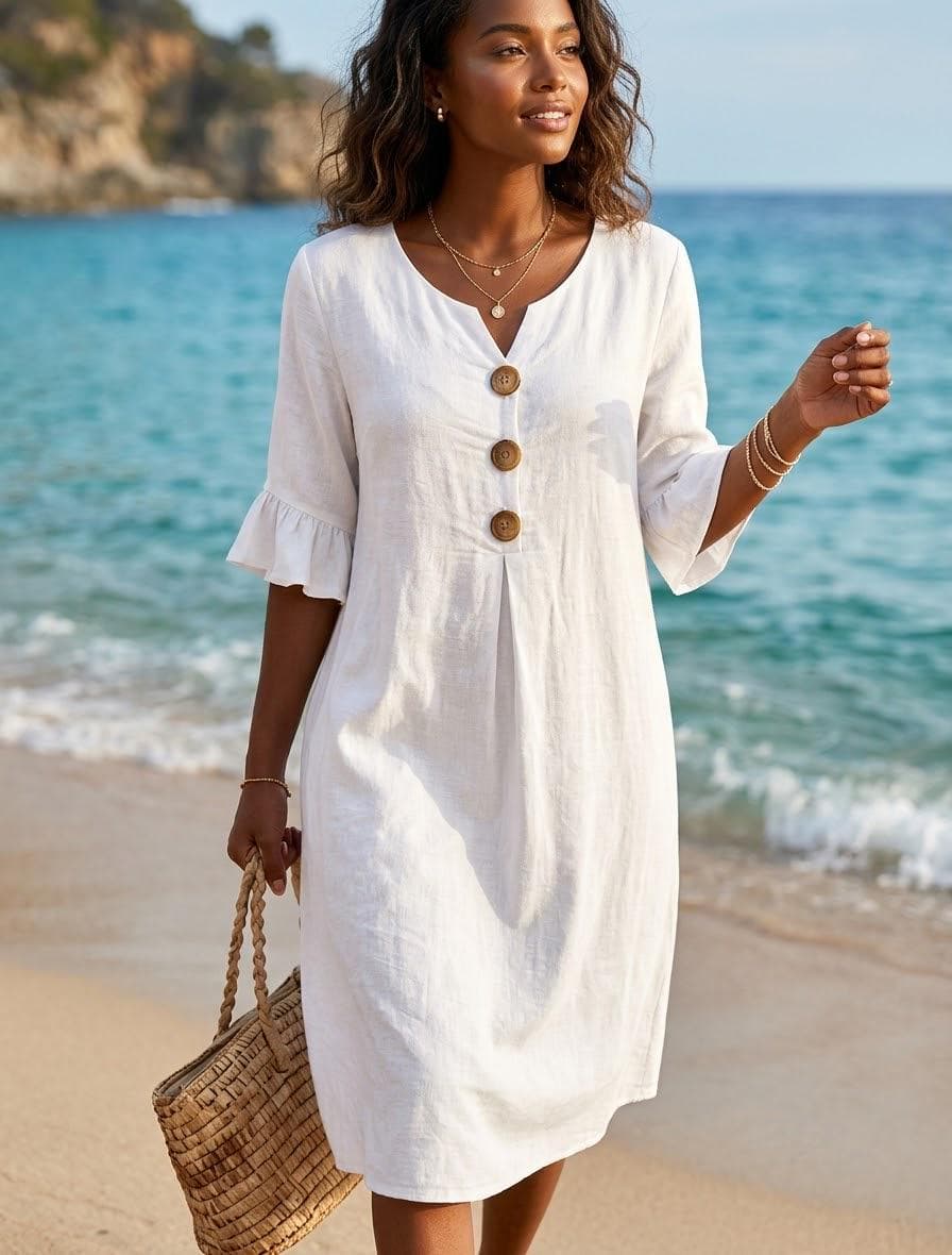 Boho cotton Linen Shift Dress | Ruffled Half Sleeve Midi Dress | Cottagecore Summer Sun Dress | Everyday Casual Button Up Dress | Travel - image 4