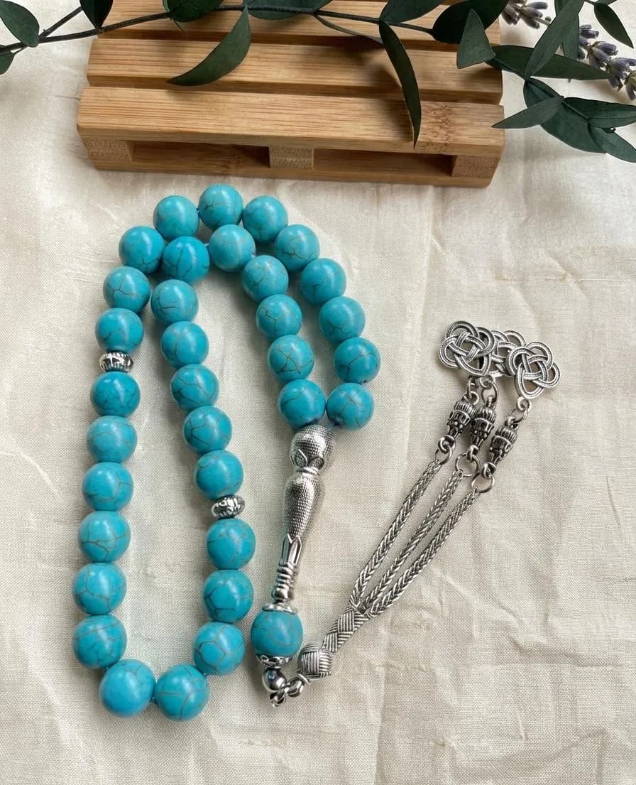 10mm Turquoise Tasbih 33 Beads - Turkish Style Muslim Rosary with Silver Tassel - Islamic Prayer Beads Bracelet, Misbaha, Dhikr Beads