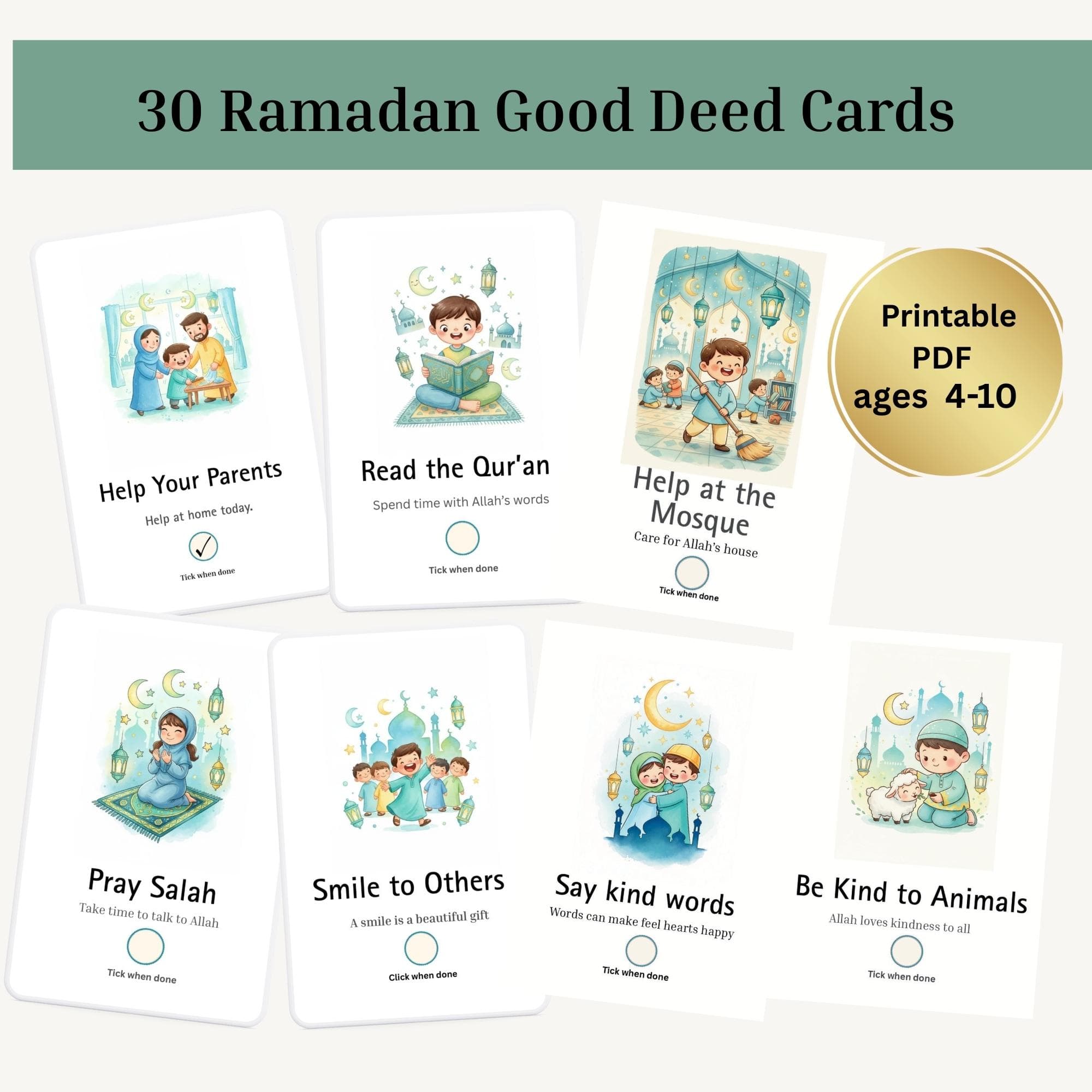 30 Ramadan Good Deed Cards for Kids, Islamic Activity (Printable PDF)