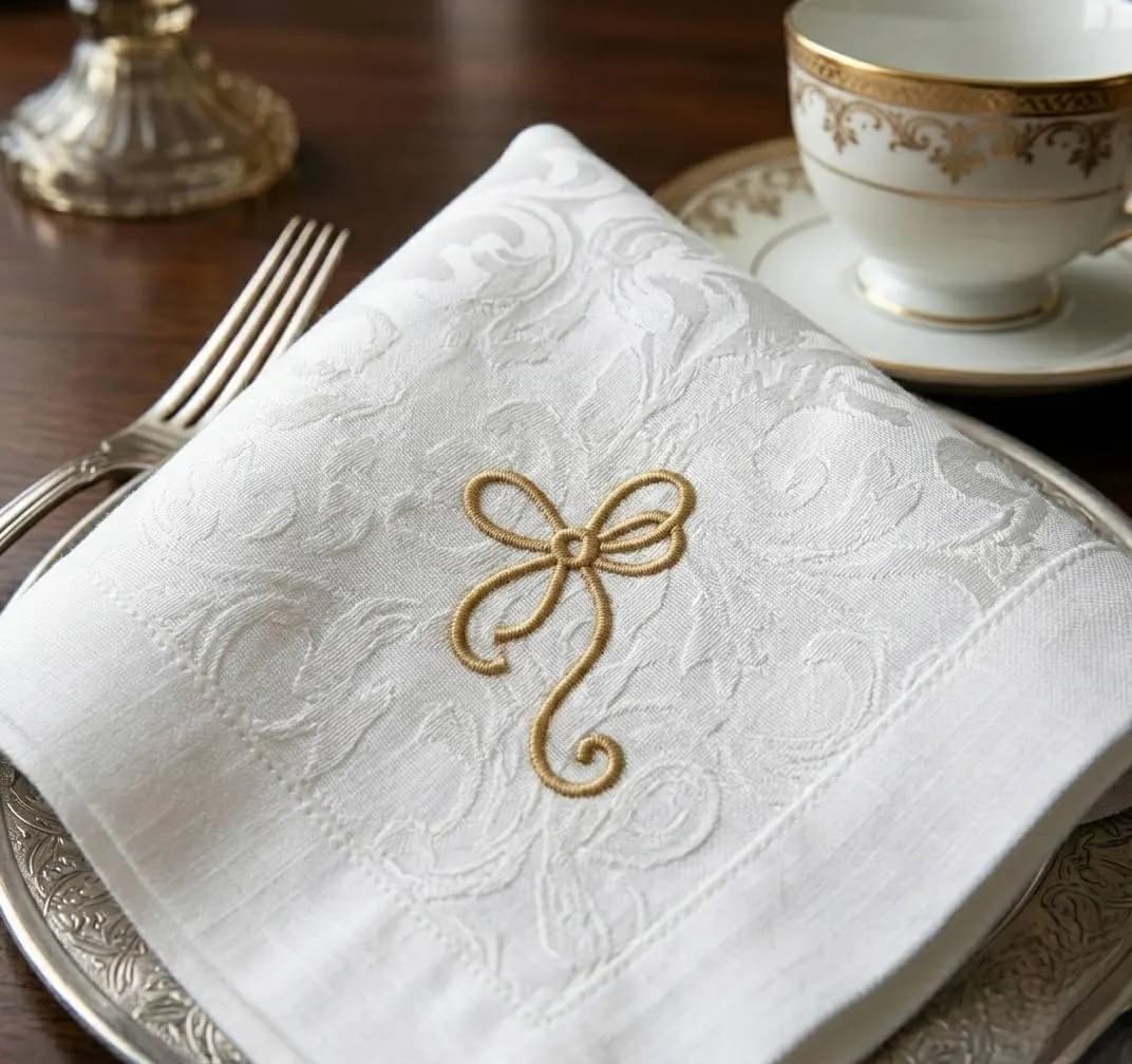 Elegant Satin Stitch Bow Machine Embroidery Design for Luxury Napkins and Table Linens file exp Jef Pes