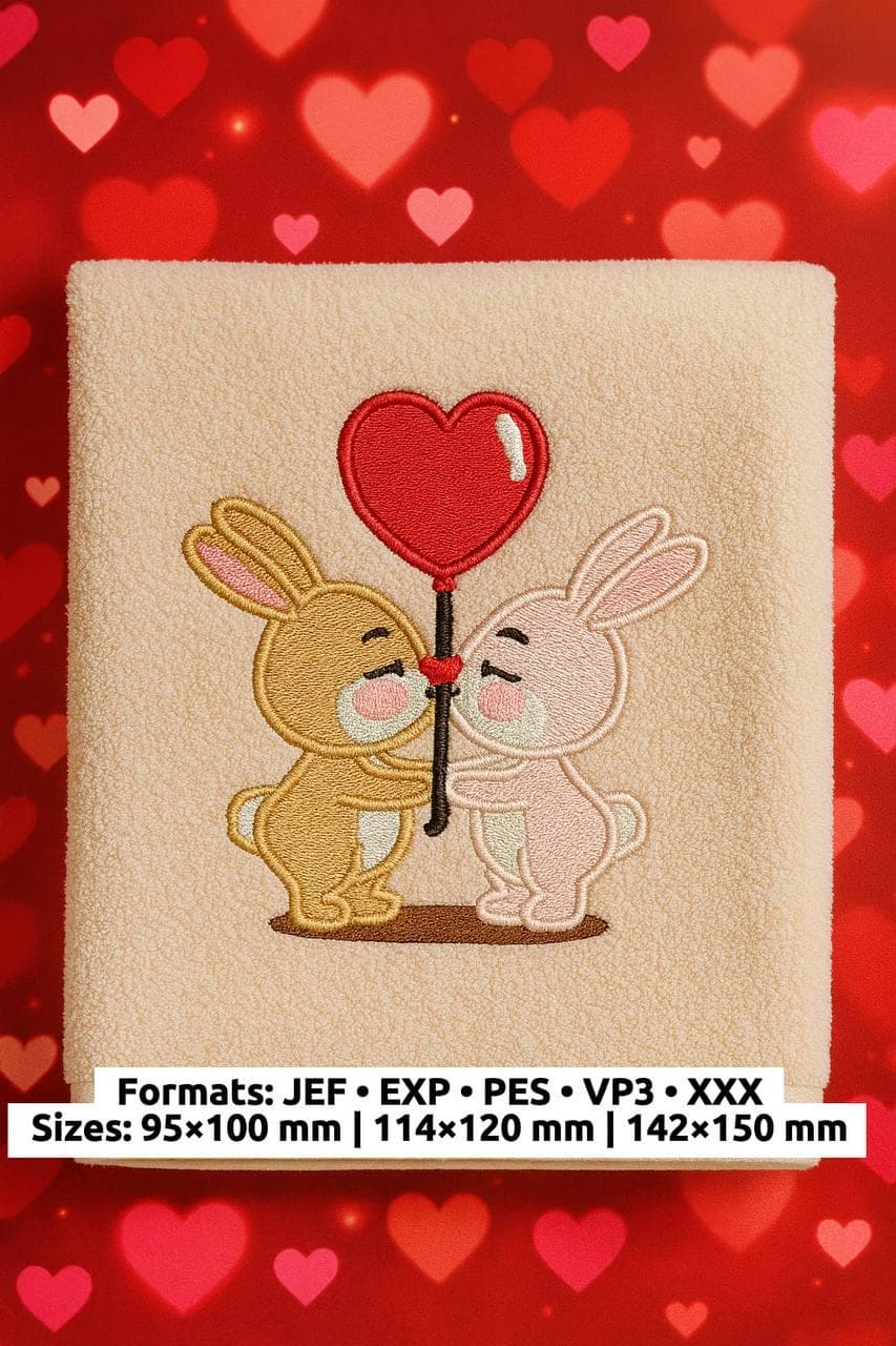 Adorable bunny couple with heart balloon machine embroidery design for Valentine's Day projects Pes Jef exp - image 2
