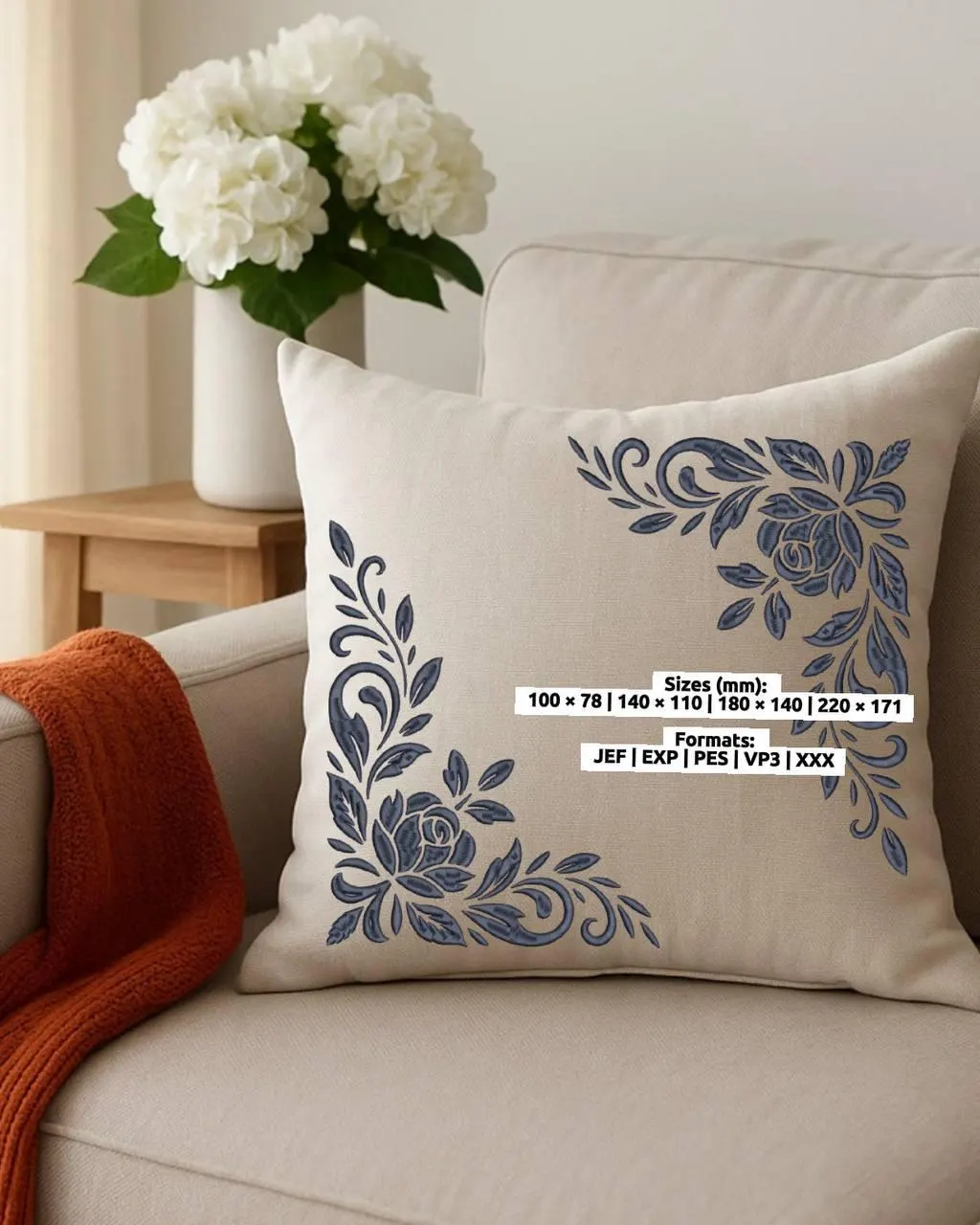 Folk Art Rose Corner Embroidery Design, PES JEF DST, Traditional Single Color Flower, Farmhouse Pillow Border, Vintage Kitchen Decor xxx exp