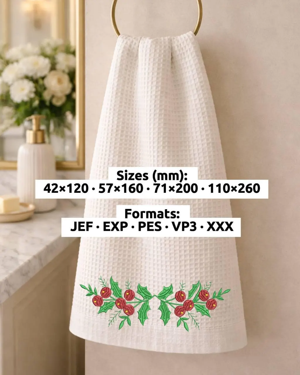 Vintage botanical berry embroidery border for hand towels by YOLA