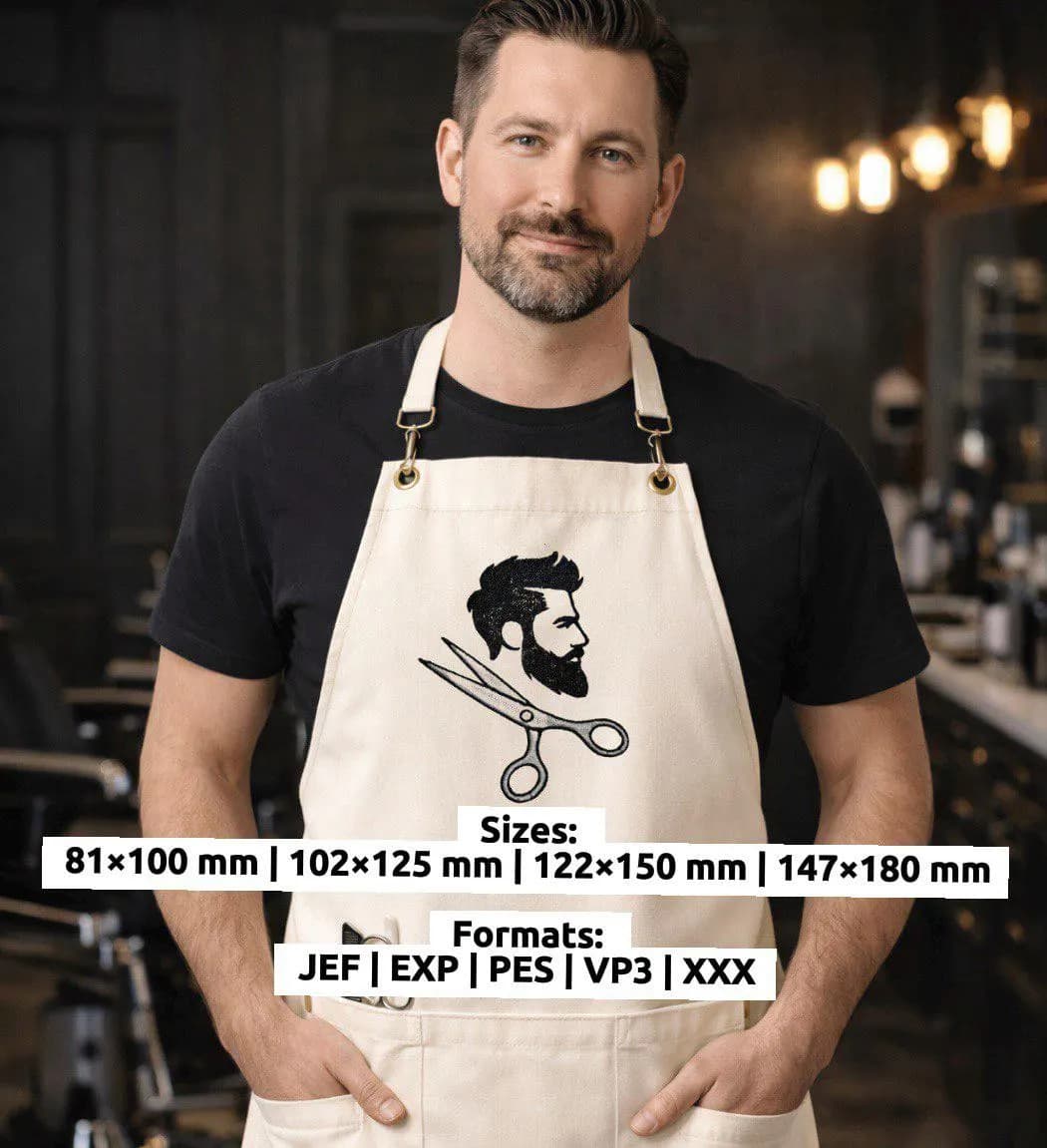 Barber Embroidery Design: Bearded Man, Scissors Logo (PES, JEF, DST) Digital Pattern