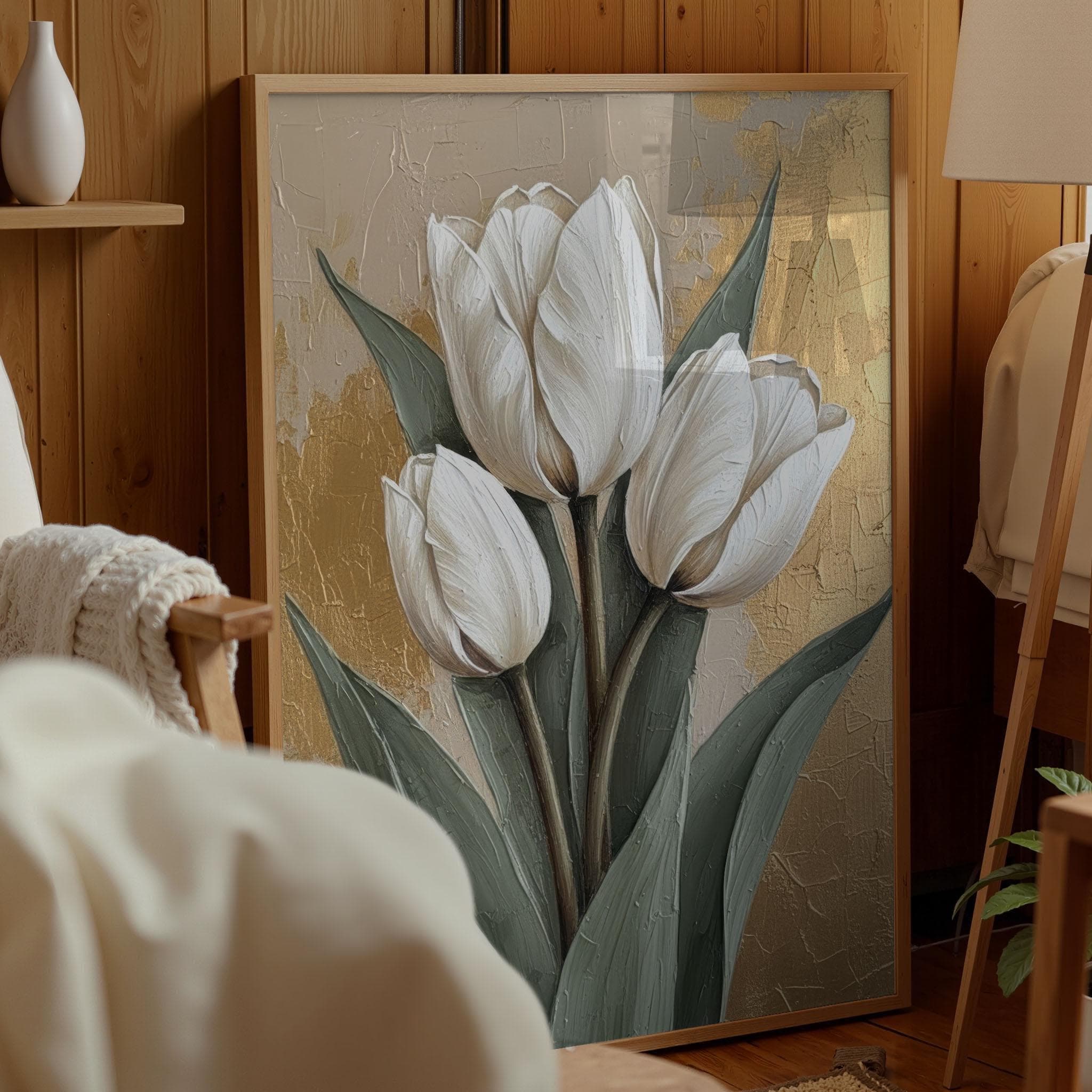White Tulip Wall Art Gold Leaf Floral Canvas Print Textured Botanical Decor Modern Flower