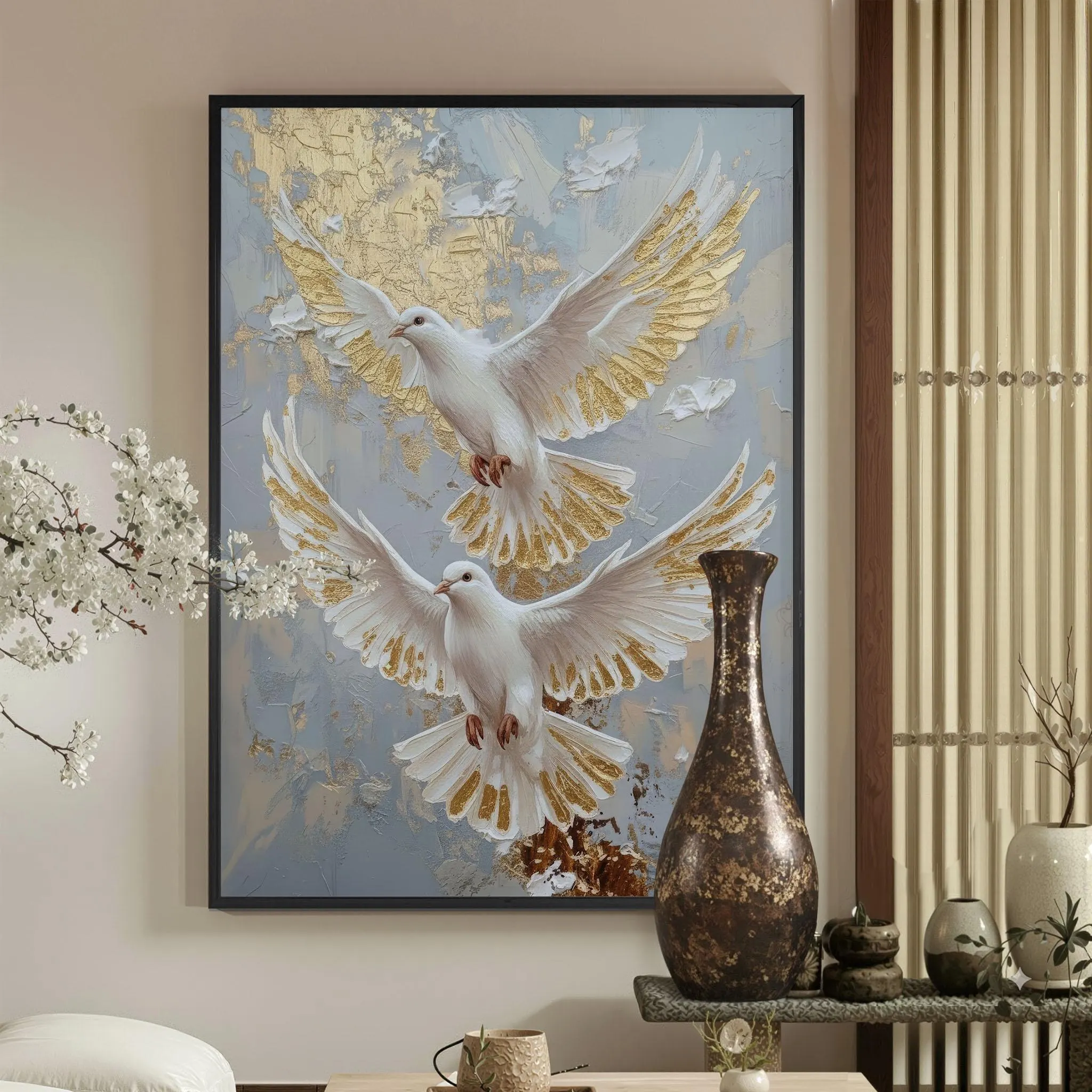 White Doves with Gold Texture – Spiritual Bird Canvas, Luxury Modern Decor - image 4
