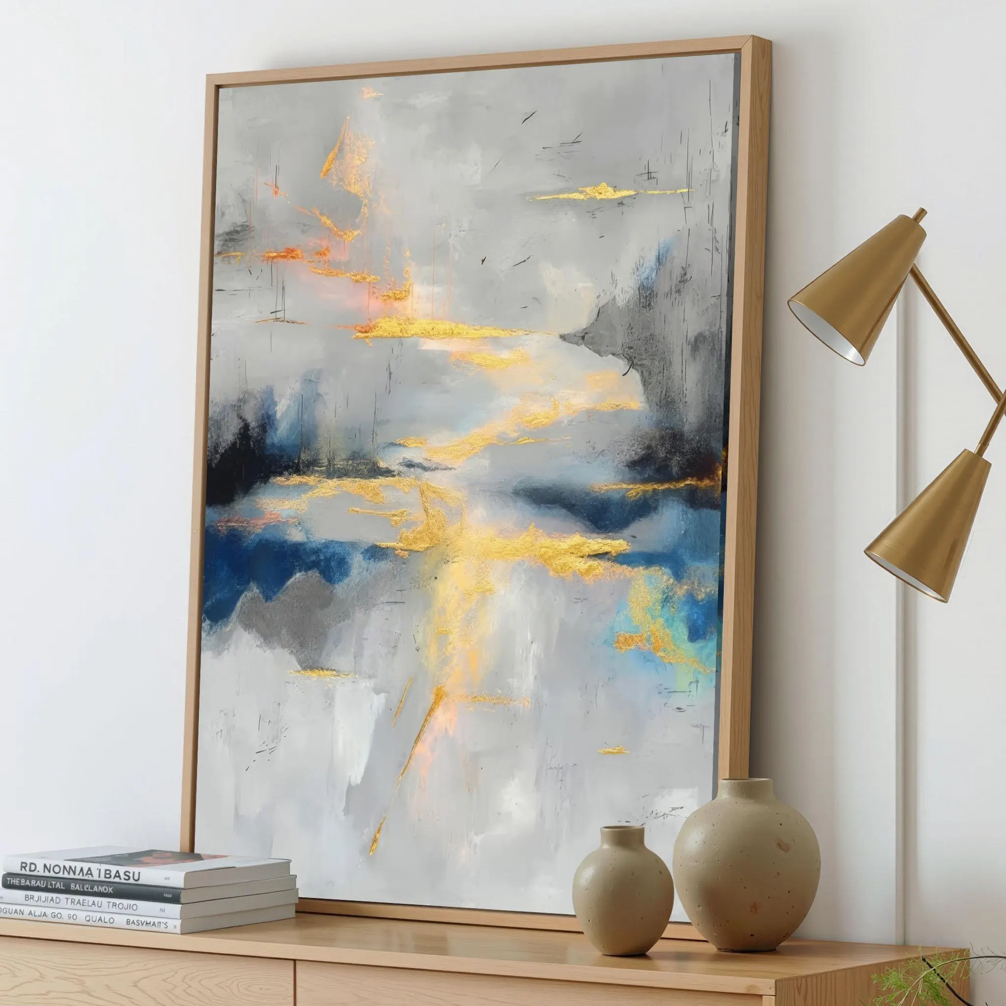 Abstract Gold Leaf Wall Art Modern Blue Grey Canvas Print Luxury Textured Home Decor - image 3