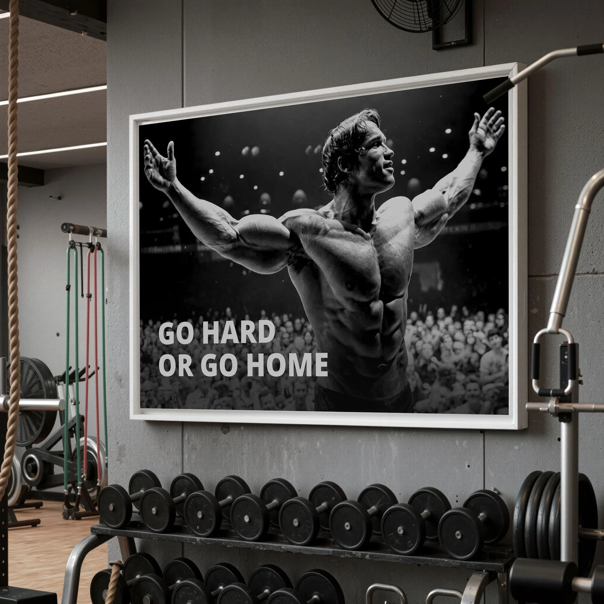 Iconic black and white bodybuilding canvas featuring Arnold Schwarzenegger with motivational text Go Hard Or Go Home in a home gym setting.