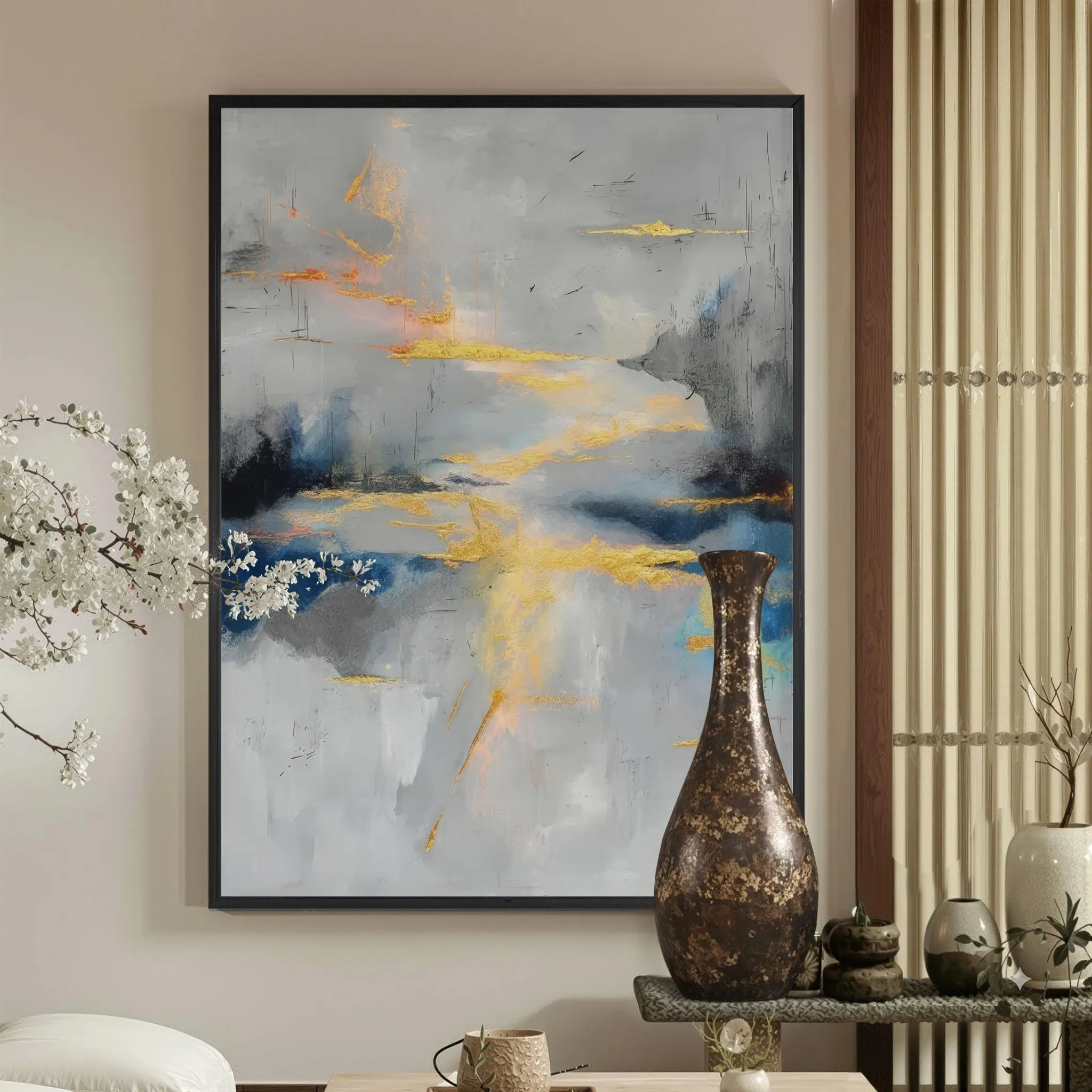 Abstract Gold Leaf Wall Art Modern Blue Grey Canvas Print Luxury Textured Home Decor - image 4