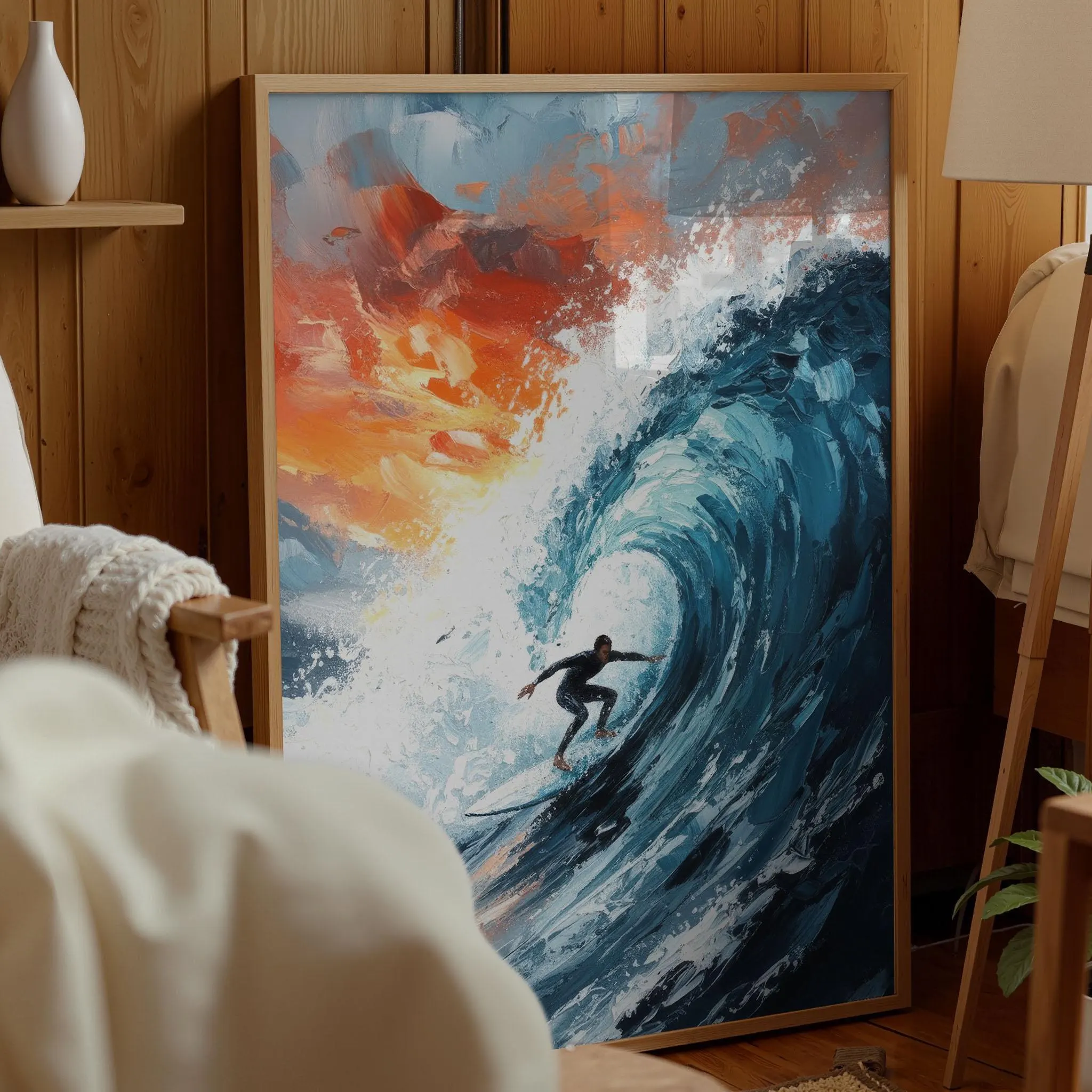 Impasto Surfing Wall Art, Ocean Wave Oil Printing Canvas, Coastal Beach Decor Textured Surf