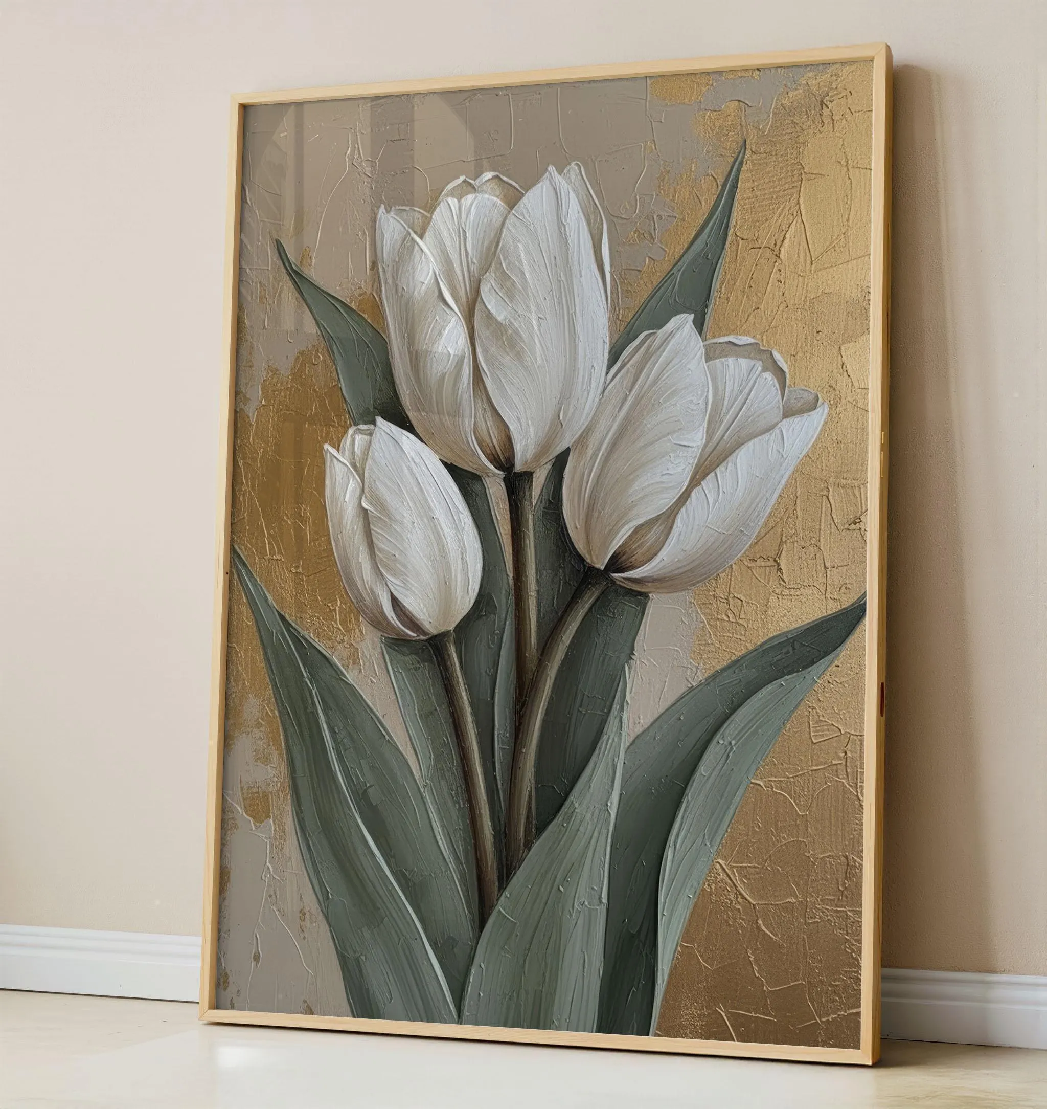 White Tulip Wall Art Gold Leaf Floral Canvas Print Textured Botanical Decor Modern Flower - image 3