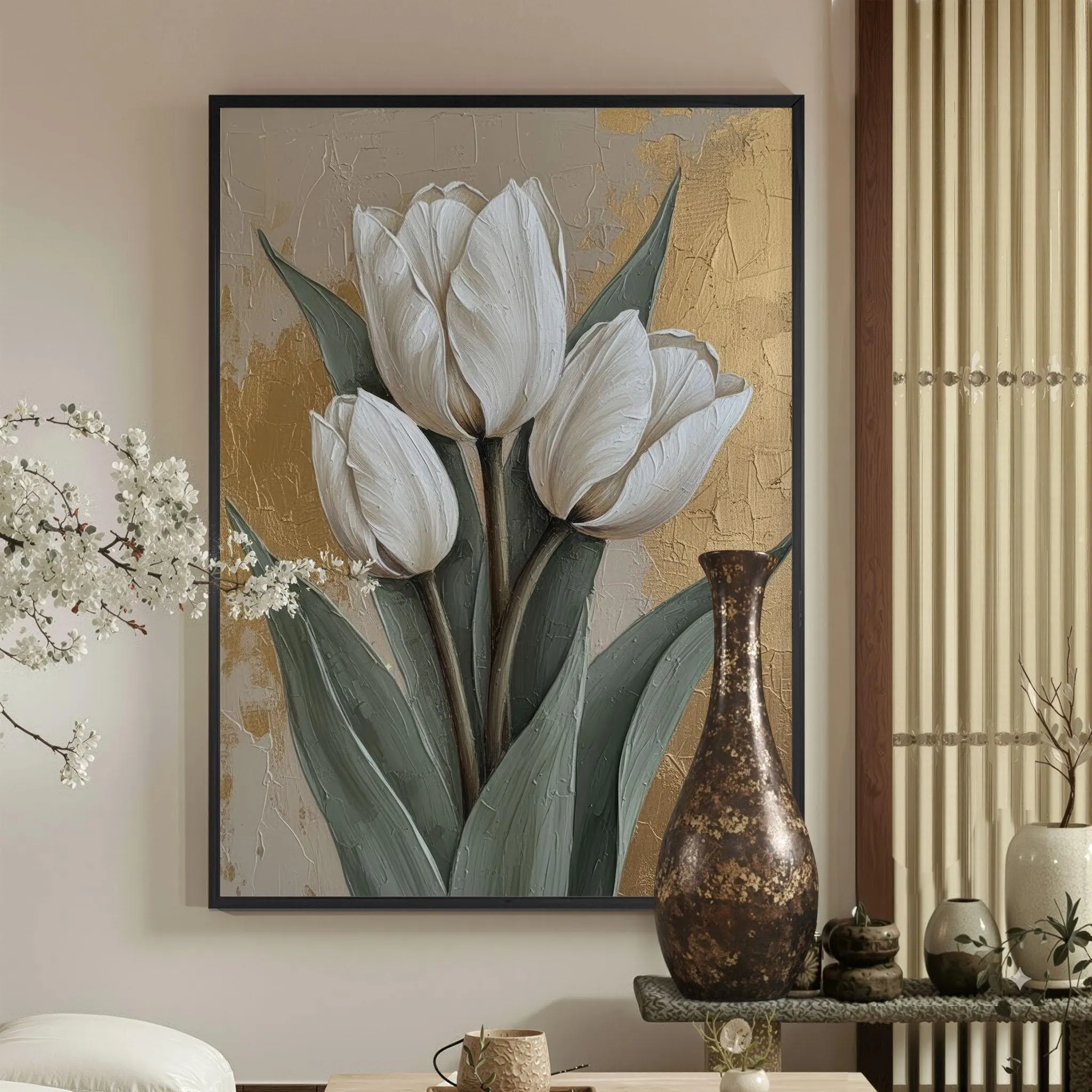 White Tulip Wall Art Gold Leaf Floral Canvas Print Textured Botanical Decor Modern Flower - image 4