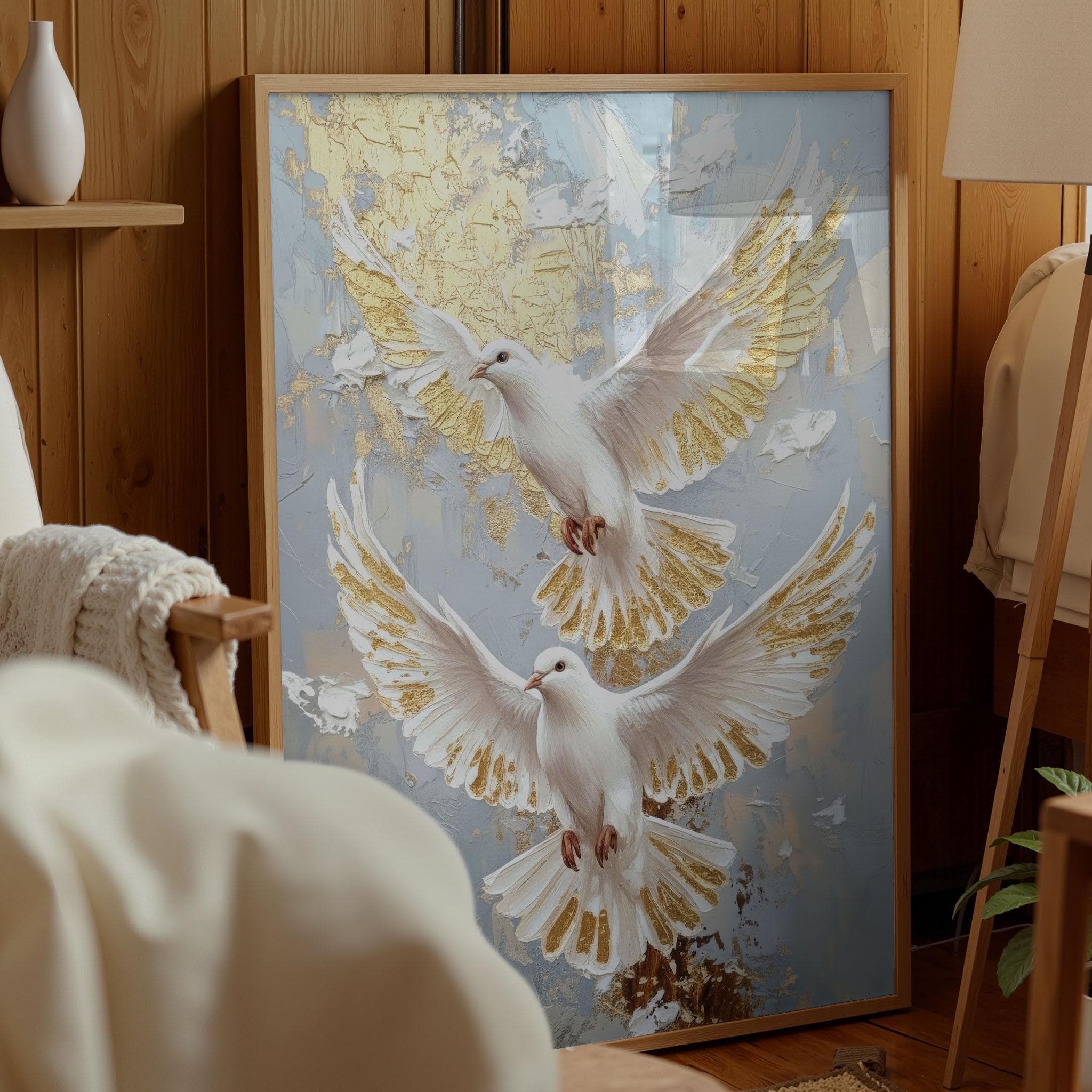 White Doves with Gold Texture – Spiritual Bird Canvas, Luxury Modern Decor