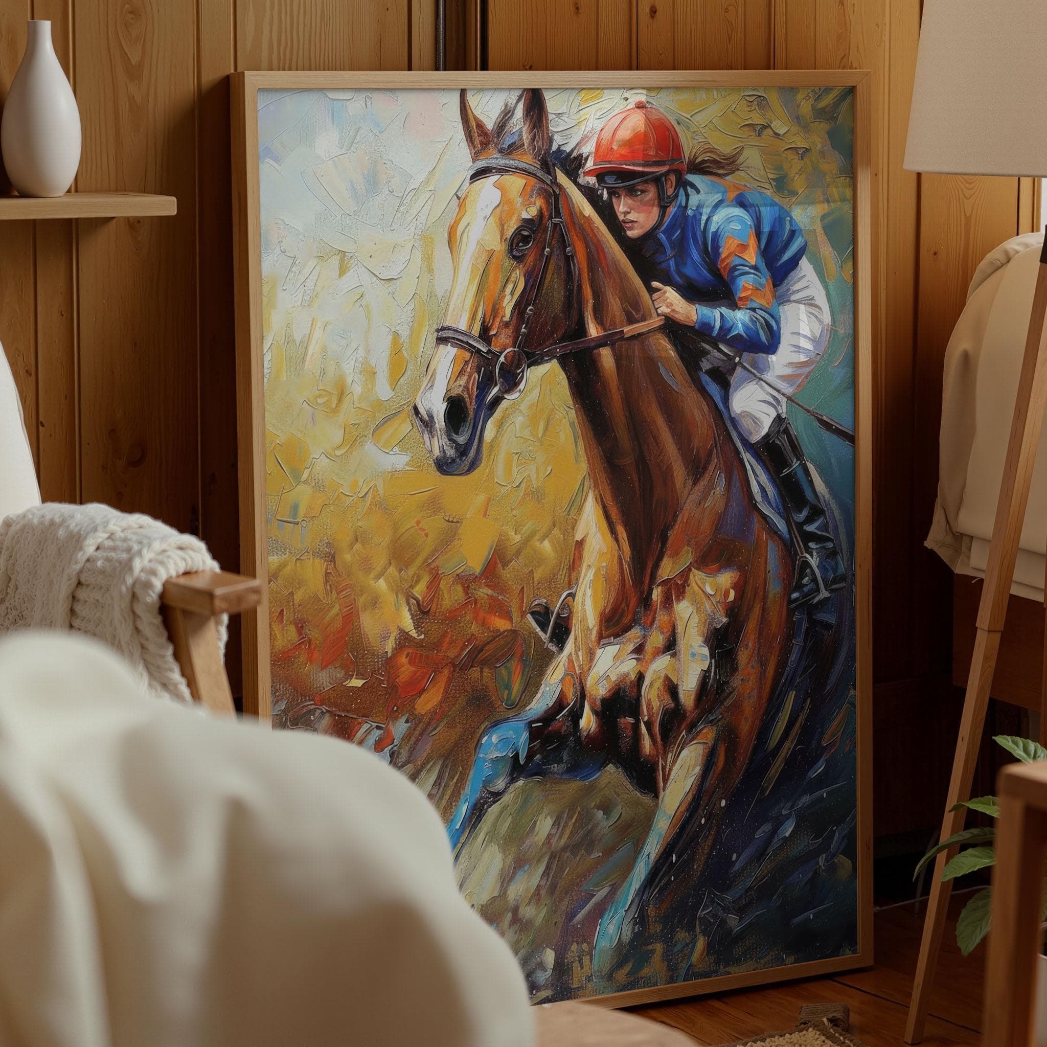 Horse Racing Wall Art Jockey Equestrian Canvas Print Dynamic Sports Decor Modern Impasto Printing