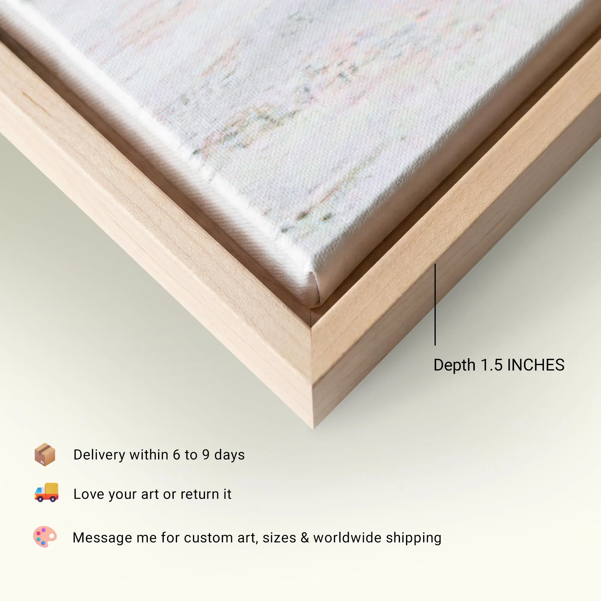 The image is a close-up of a wooden frame with a canvas inside, and it appears to be a custom order for art supplies.