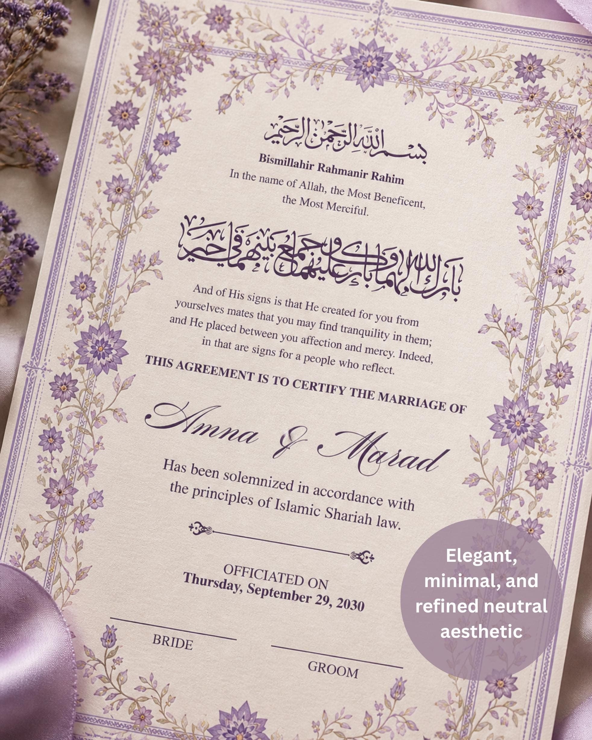 Lavender Floral Nikah Certificate, Editable  Marriage Contract  A4 A3 ,Digital Download - image 3