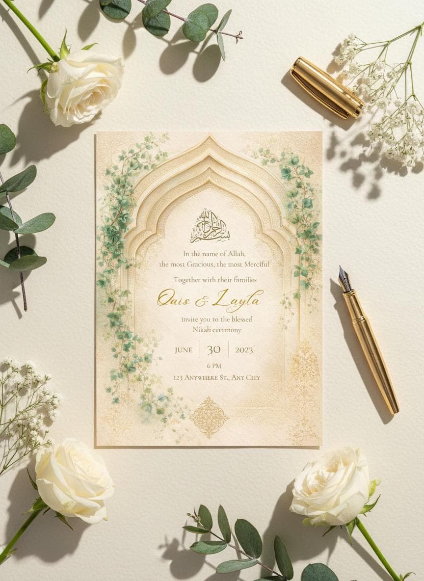 Islamic Nikah Invitation Template, Green Gold Muslim Wedding Invite, Editable Nikah Card, Digital Download