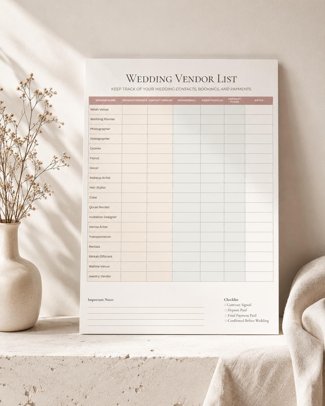Editable Wedding Vendor List Template, Muslim Wedding Planner Checklist, Printable Vendor Contact Sheet - image 5