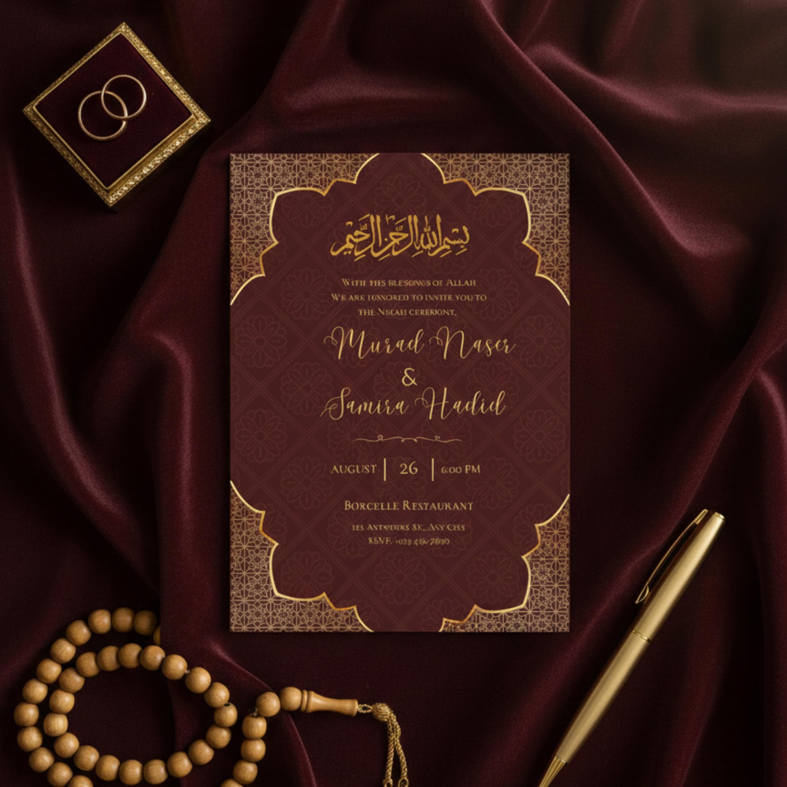 Islamic Nikah Invitation Template, Red Gold Muslim Wedding Card, Editable Nikah Invite, Digital Download