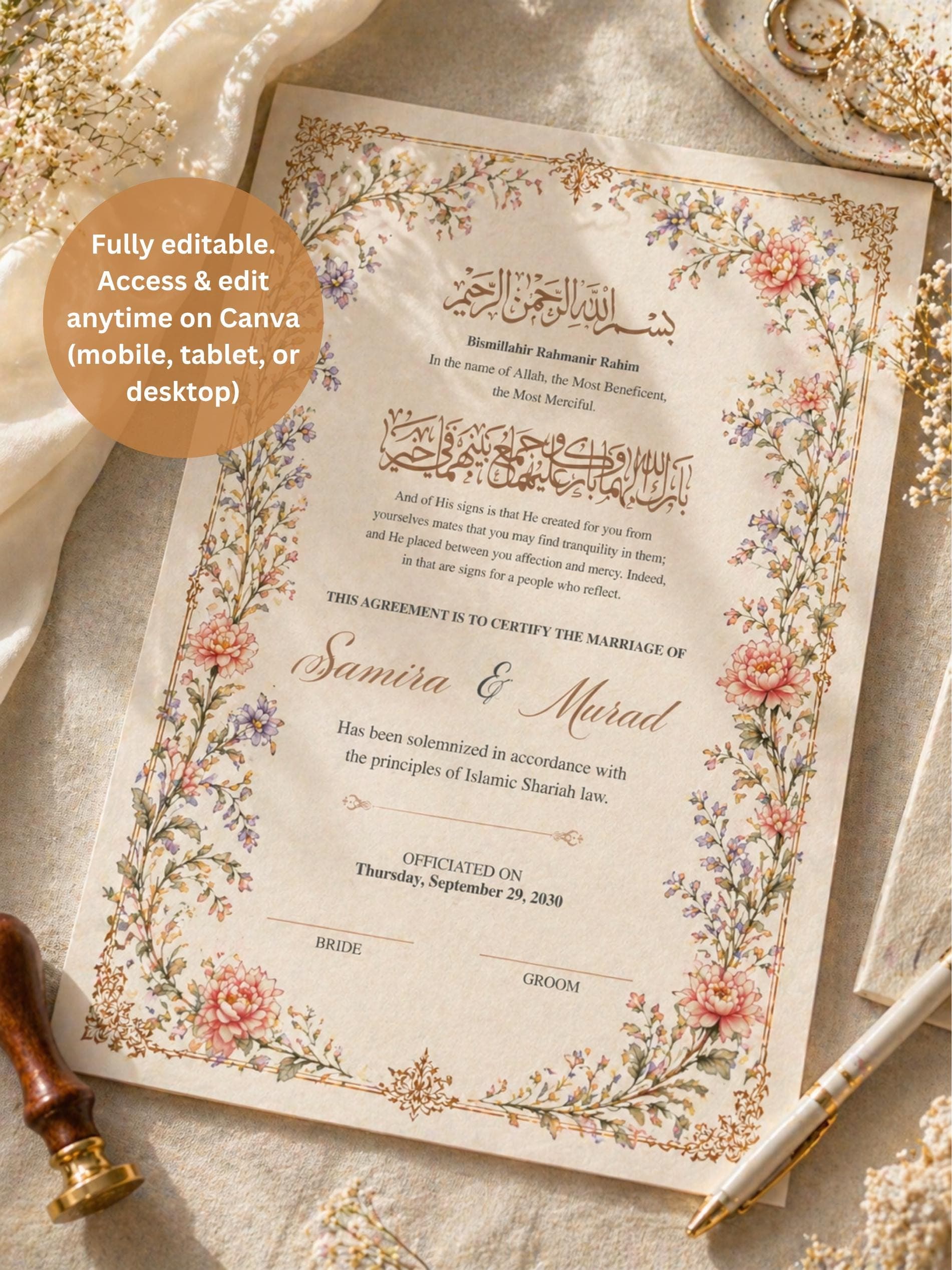 Editable Marriage Certificate, Islamic Wedding Contract, Muslim Wedding Keepsake, Digital Download
