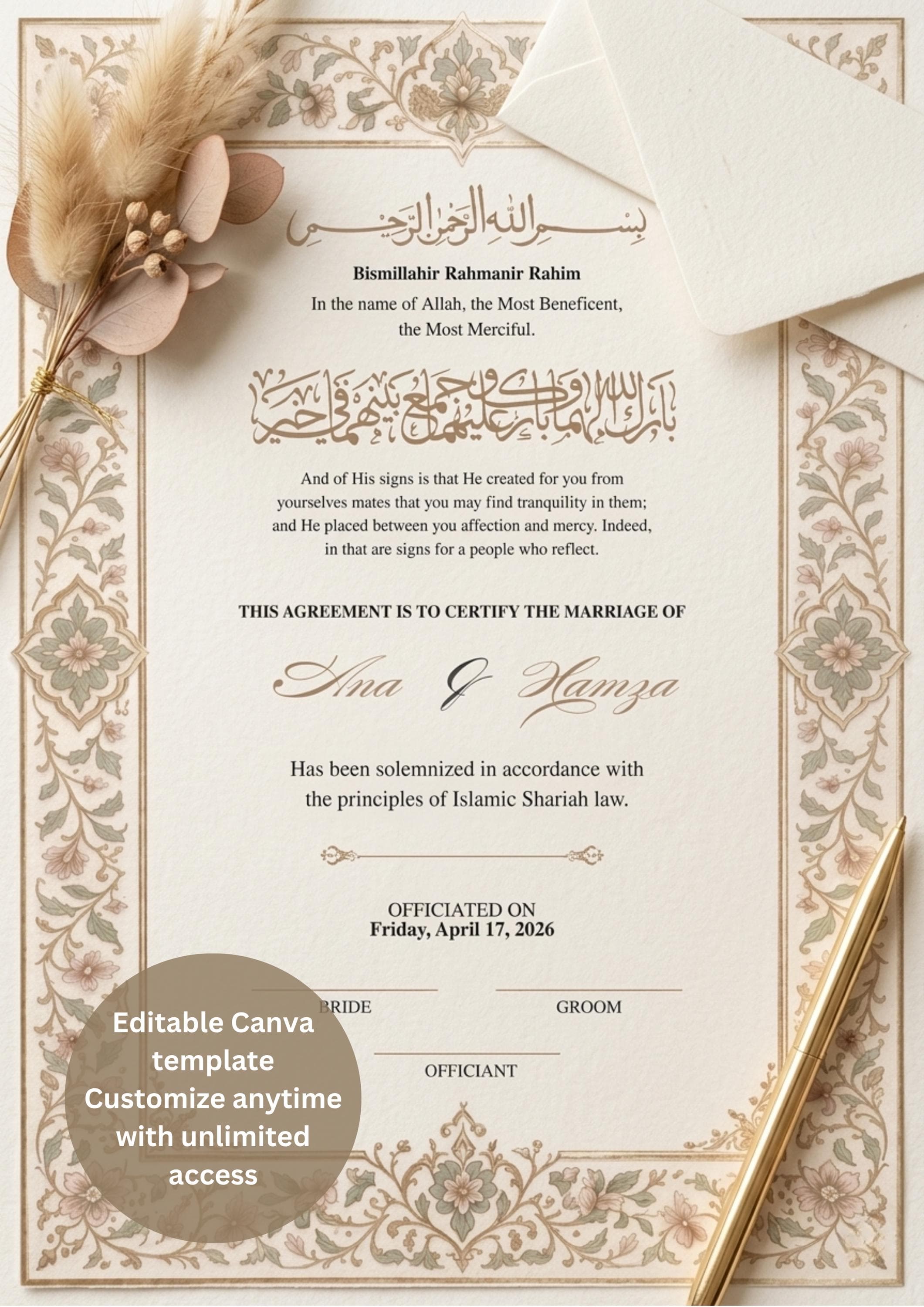 Islamic Nikah Certificate, Muslim Wedding Nama, Floral Calligraphy (Digital Download) - image 4