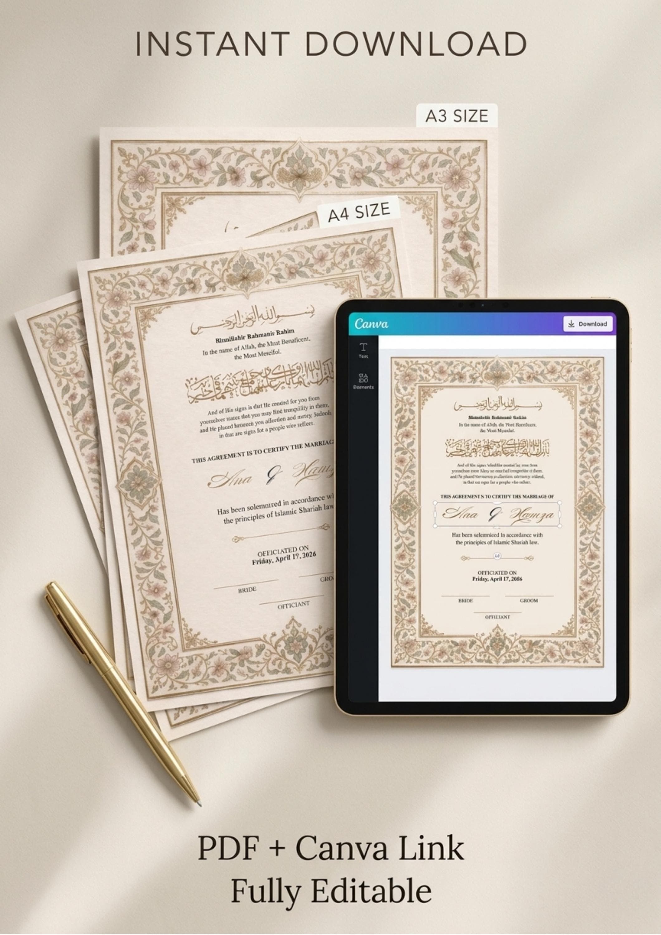 Islamic Nikah Certificate, Muslim Wedding Nama, Floral Calligraphy (Digital Download) - image 5