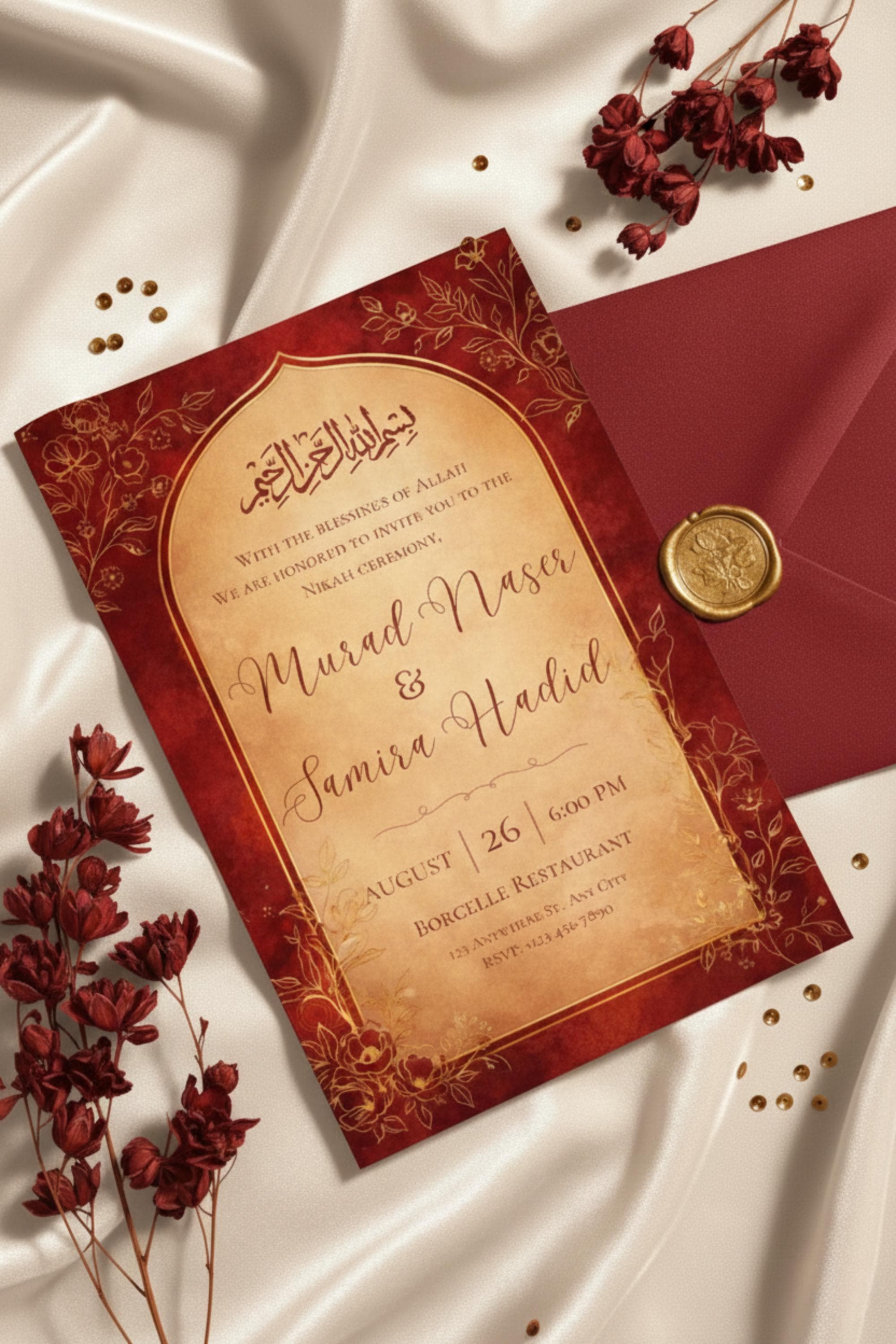 Red & Gold Nikah Invitation Template, Islamic Wedding (Digital Download) - image 5