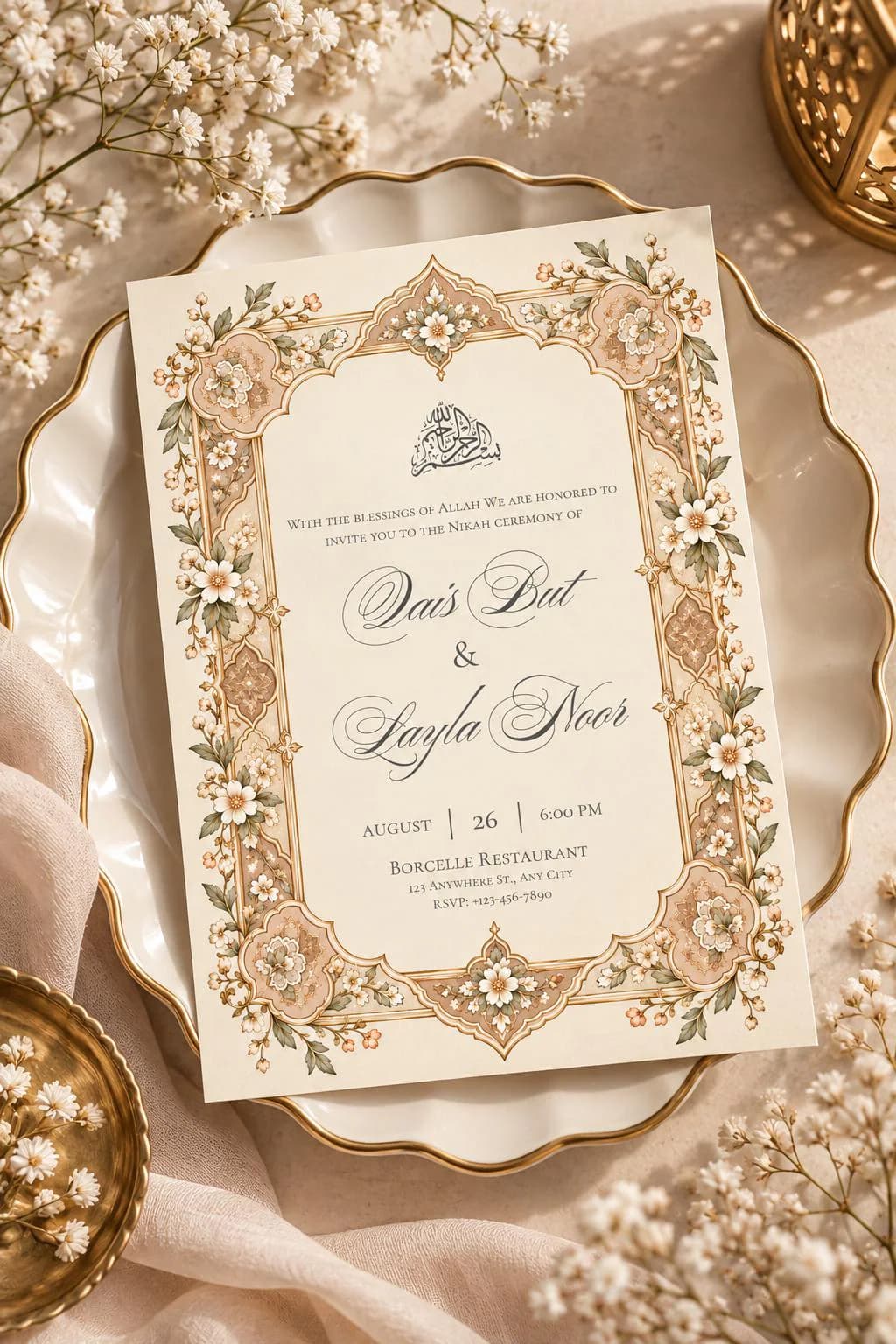 Islamic Nikah Invitation Template, Elegant Muslim Wedding Invite, Editable Nikah Ceremony Card, Instant Download - image 3
