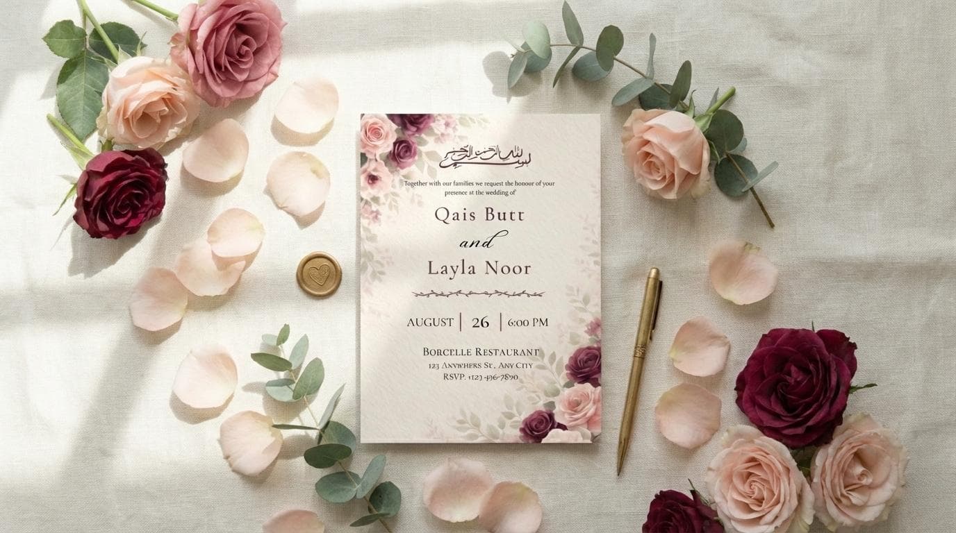 Floral Muslim Wedding Invitation, Burgundy Roses, Nikah Card (Digital Download)