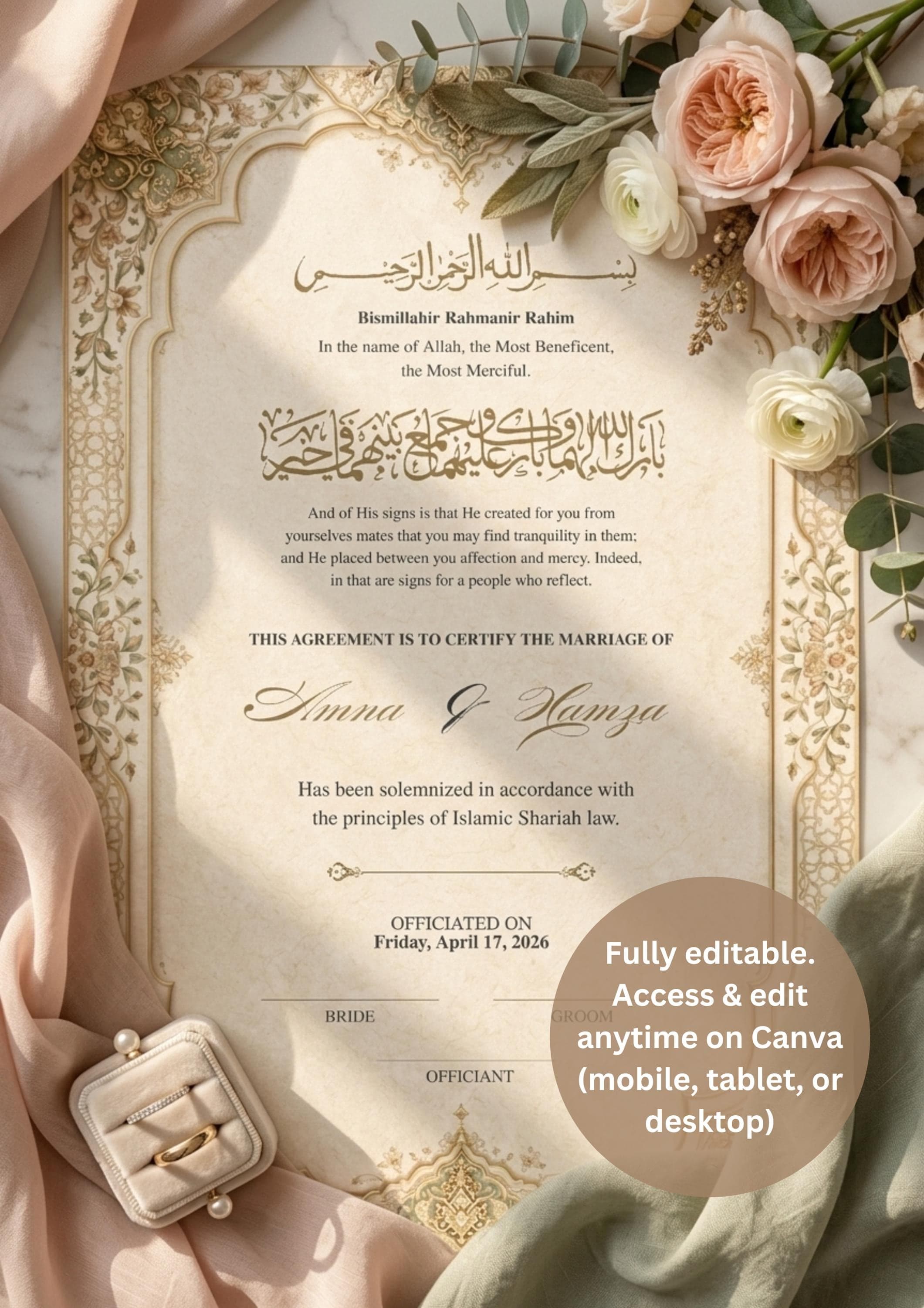 Islamic Marriage Certificate Printable, Editable Nikah Certificate Template, Muslim Wedding Contract, Instant Download - image 5