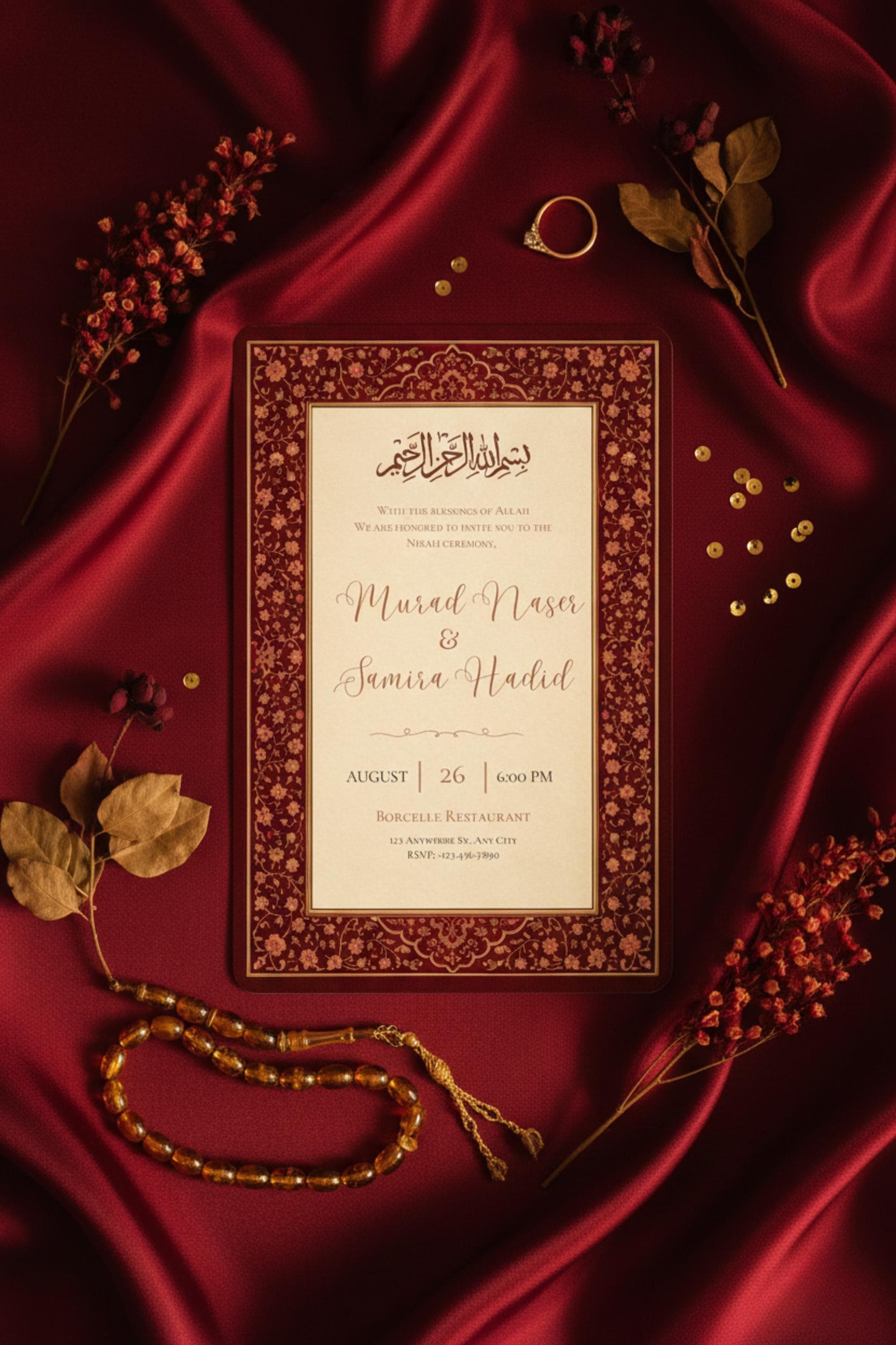 Red Islamic Nikah Invite, Elegant Muslim Wedding Invitation Template, Digital Download