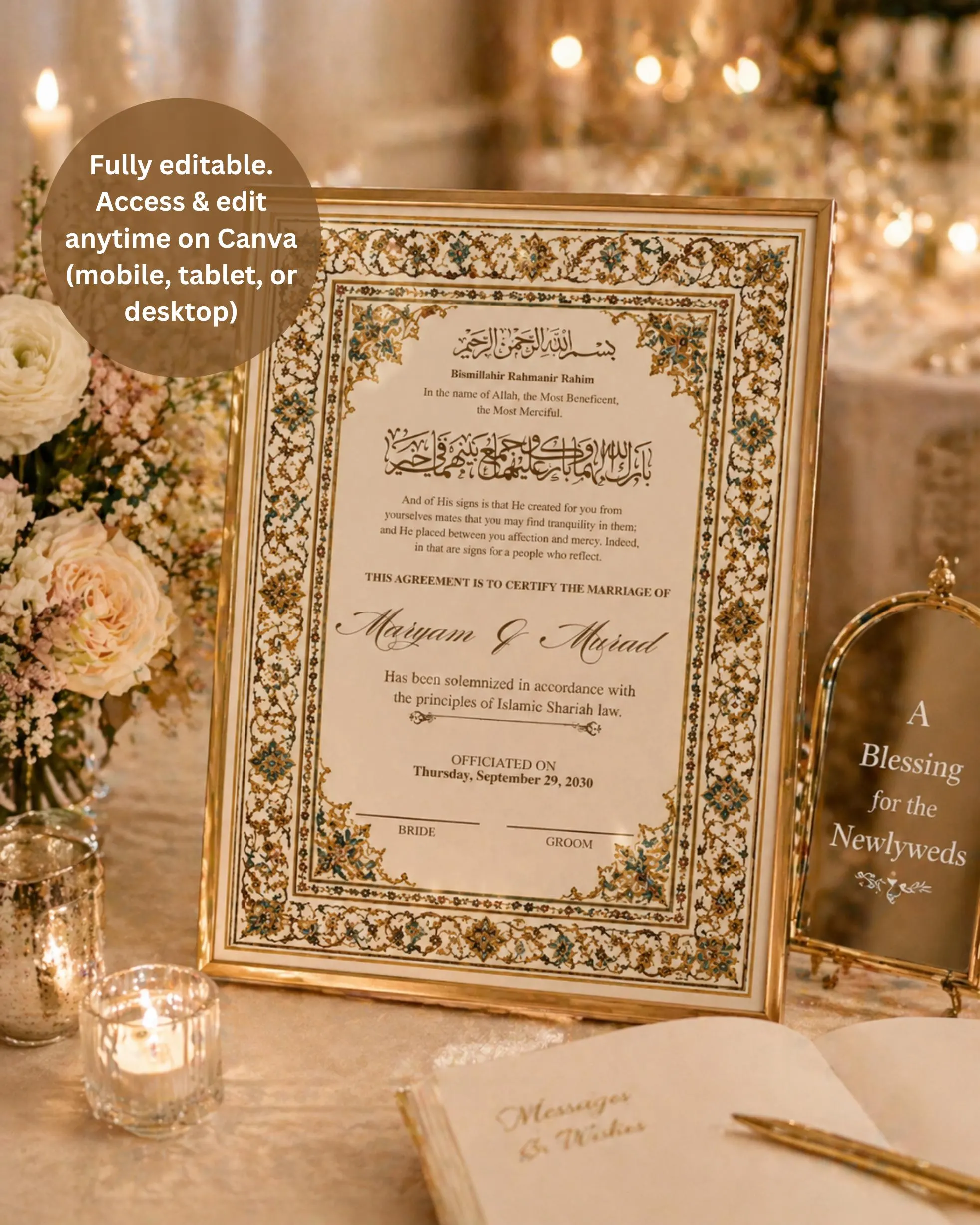 Gold Nikah Certificate, Editable Marriage Contract, Muslim Wedding Keepsake, Digital Download - image 4