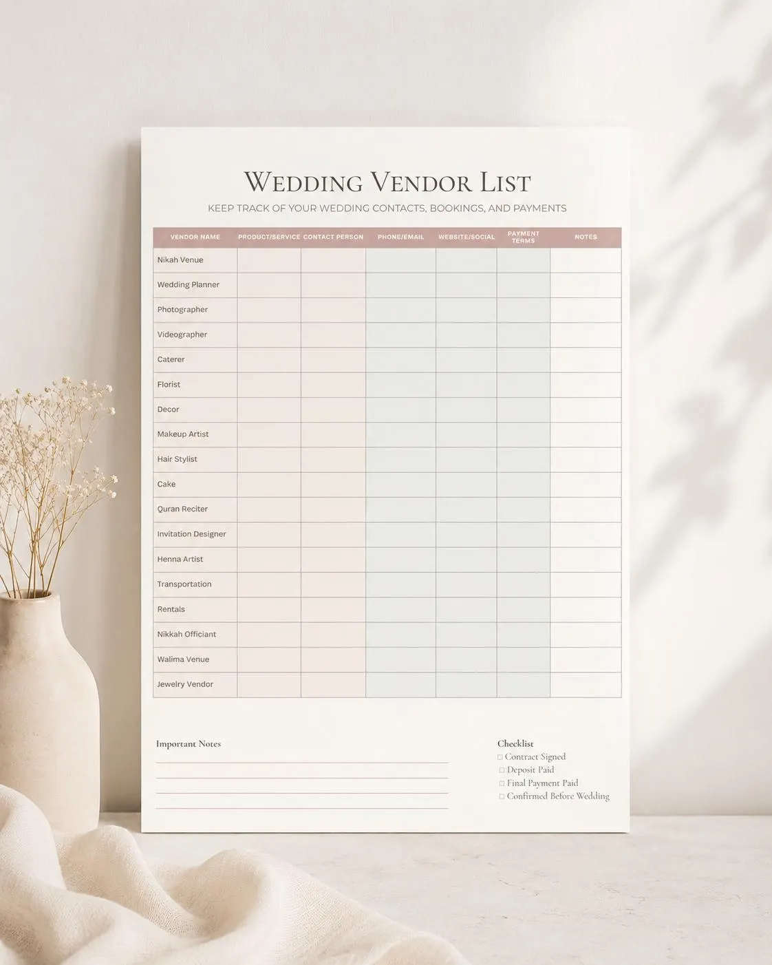 Editable Wedding Vendor List Template, Muslim Wedding Planner Checklist, Printable Vendor Contact Sheet - image 3