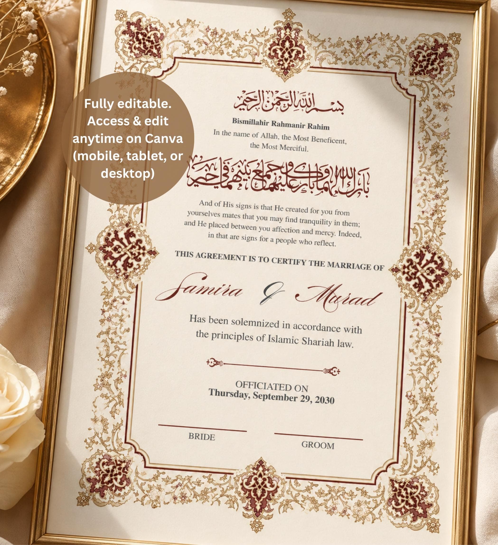 Islamic Marriage Contract Printable, Editable Nikah Certificate, Arabic Calligraphy Wedding Certificate, Digital Download - image 5