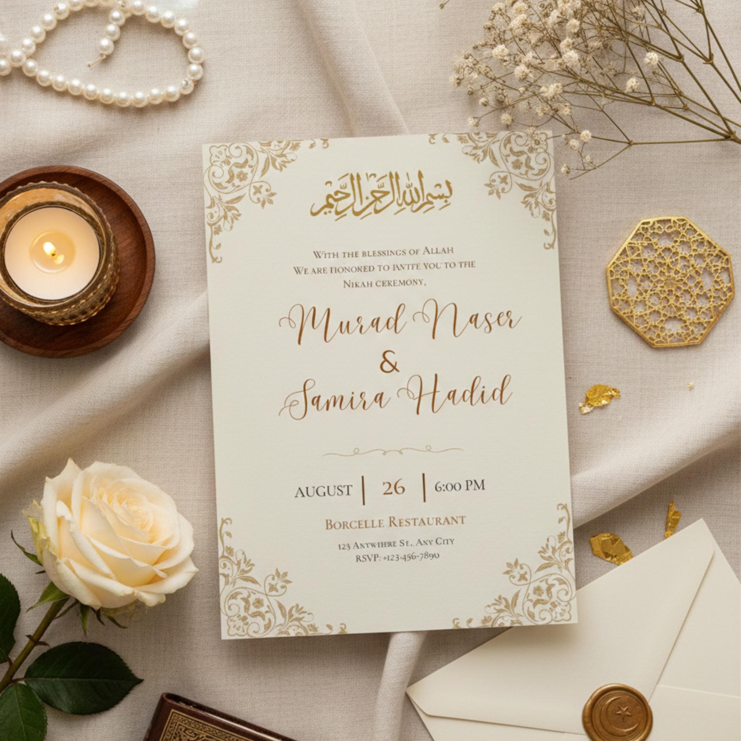 Editable Islamic Nikah Invitation Template, Minimal Muslim Wedding Invite, Gold Nikah Card, Canva Printable - image 5