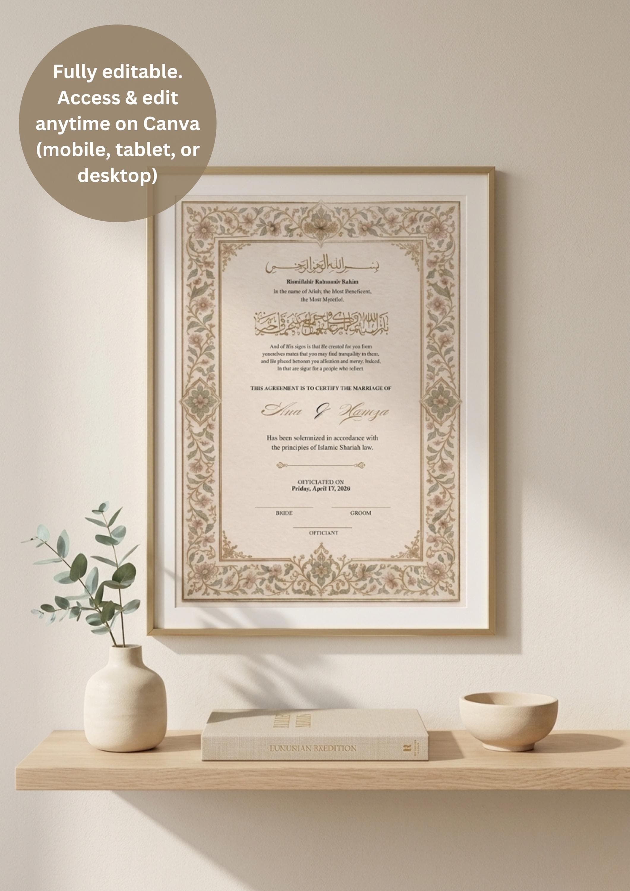 Islamic Nikah Certificate, Muslim Wedding Nama, Floral Calligraphy (Digital Download)