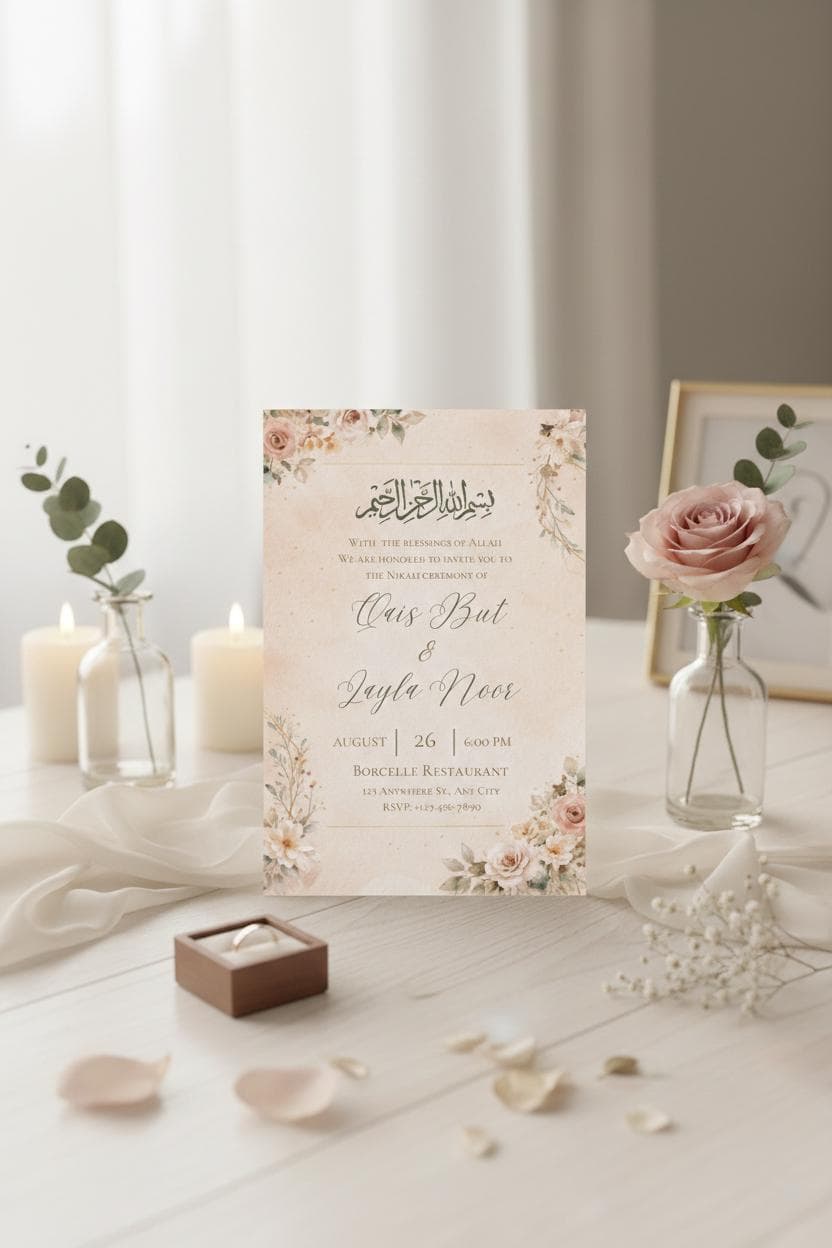Beige Floral Nikah Invitation Template, Islamic Wedding Invitation, Digital Download - image 3