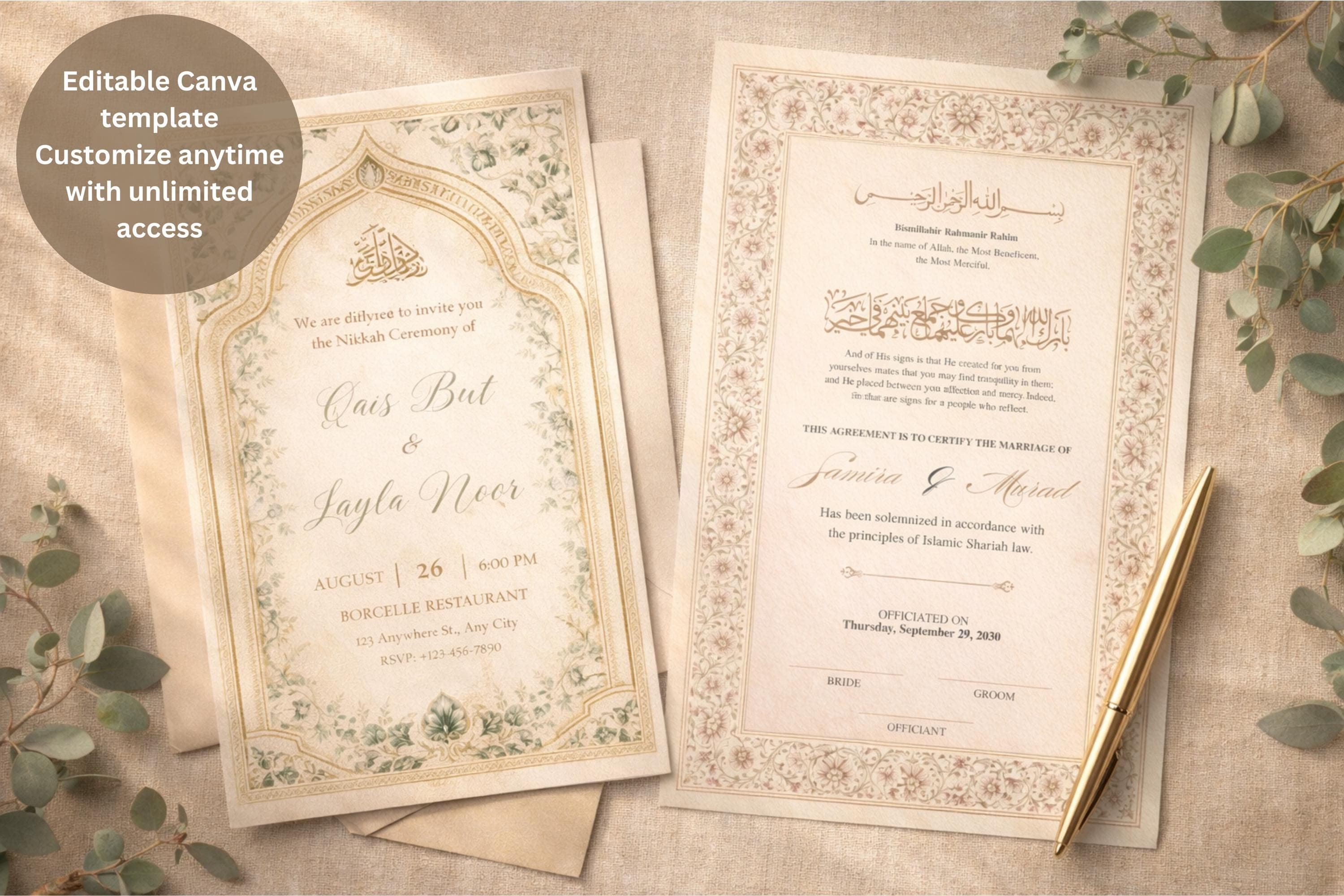 Editable Nikah Invitation & Certificate Bundle, Islamic Wedding Invite Template, Printable Marriage Contract, Canva Download