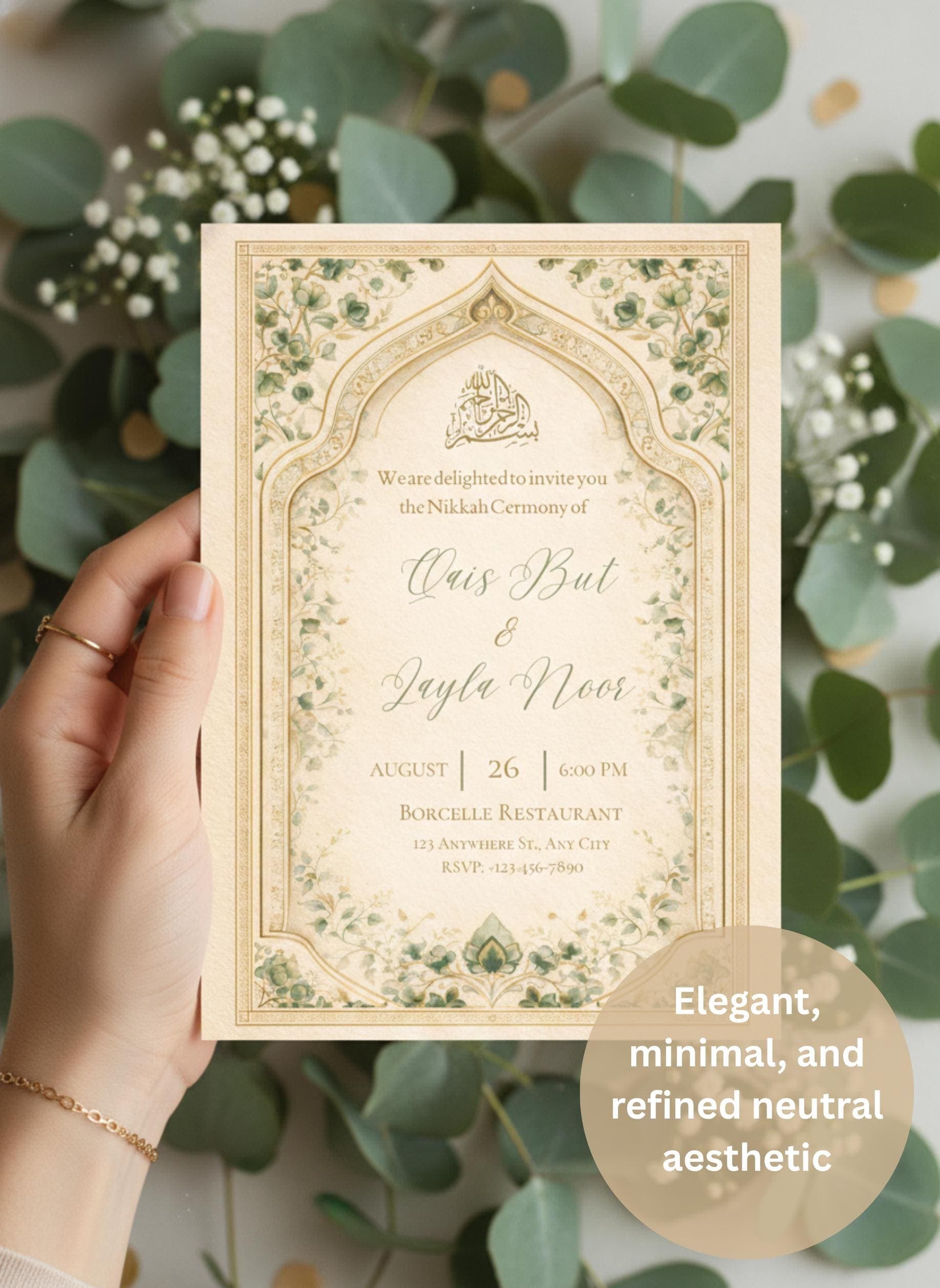 Sage Green Floral Nikah Invitation, Muslim Wedding (Digital Download)