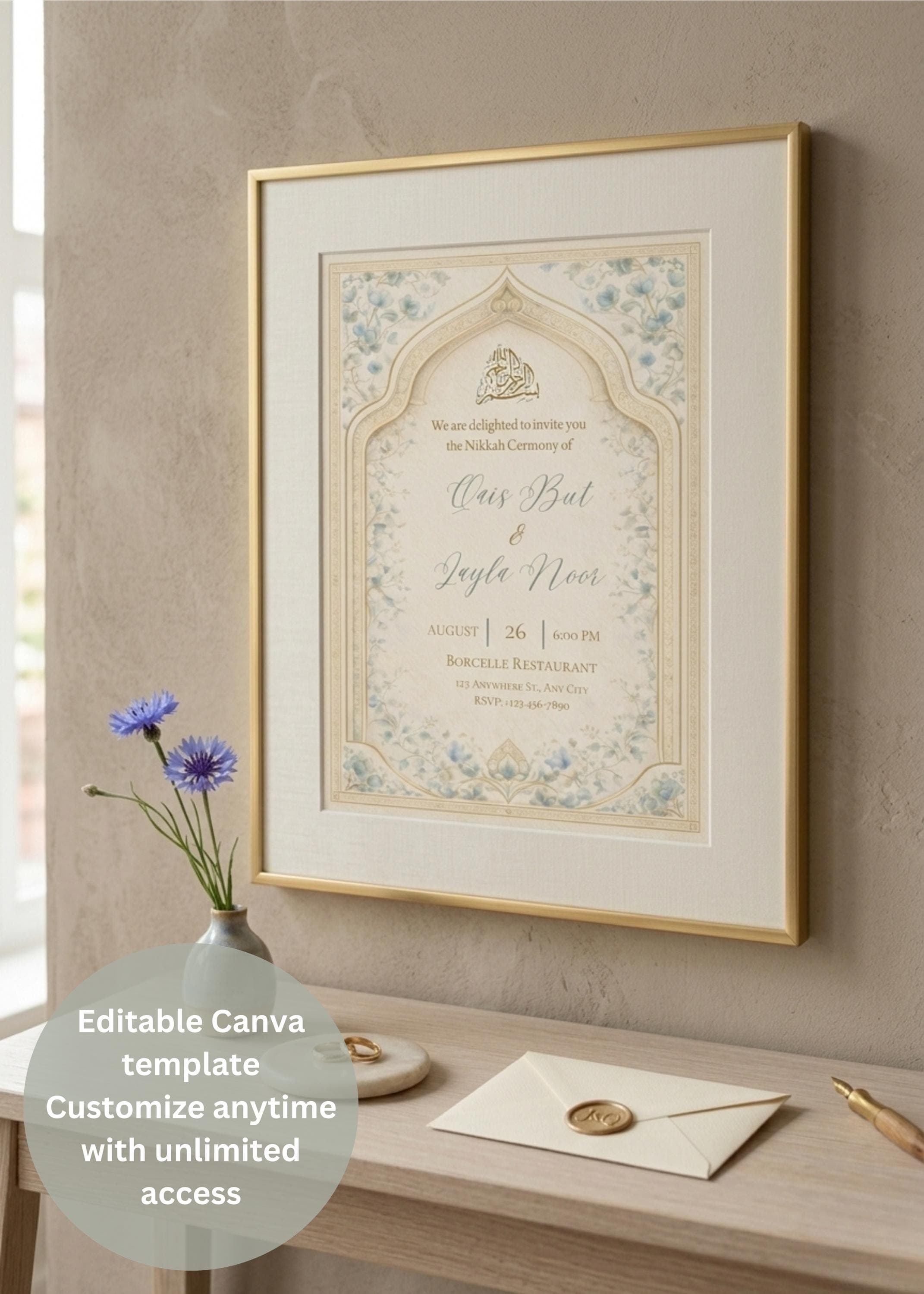 Dusty Blue Floral Nikah Invitation, Muslim Wedding (Digital Download) - image 4