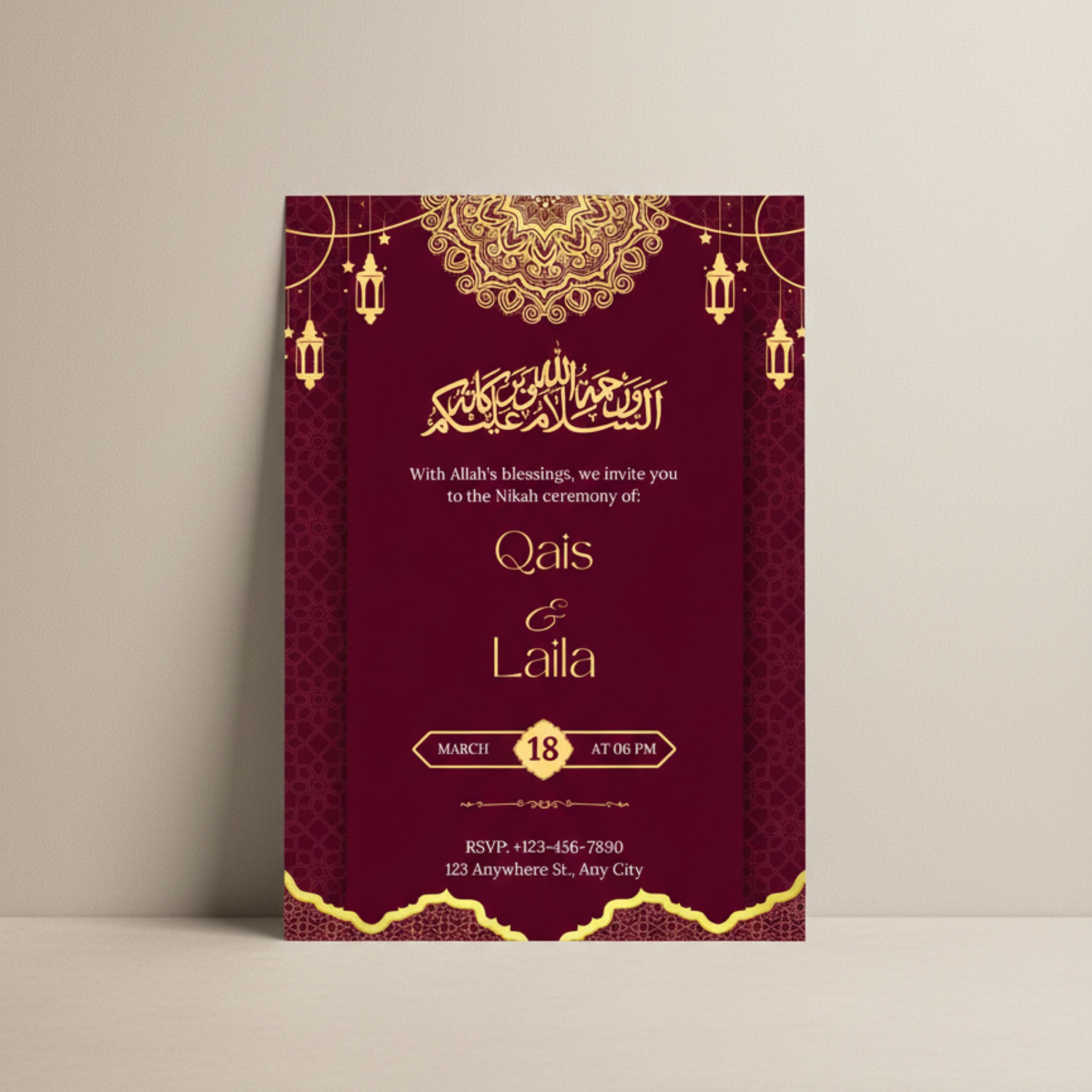 Red Gold Nikah Invitation Template, Islamic Wedding Card (Digital Invite Canva Edit) - image 4